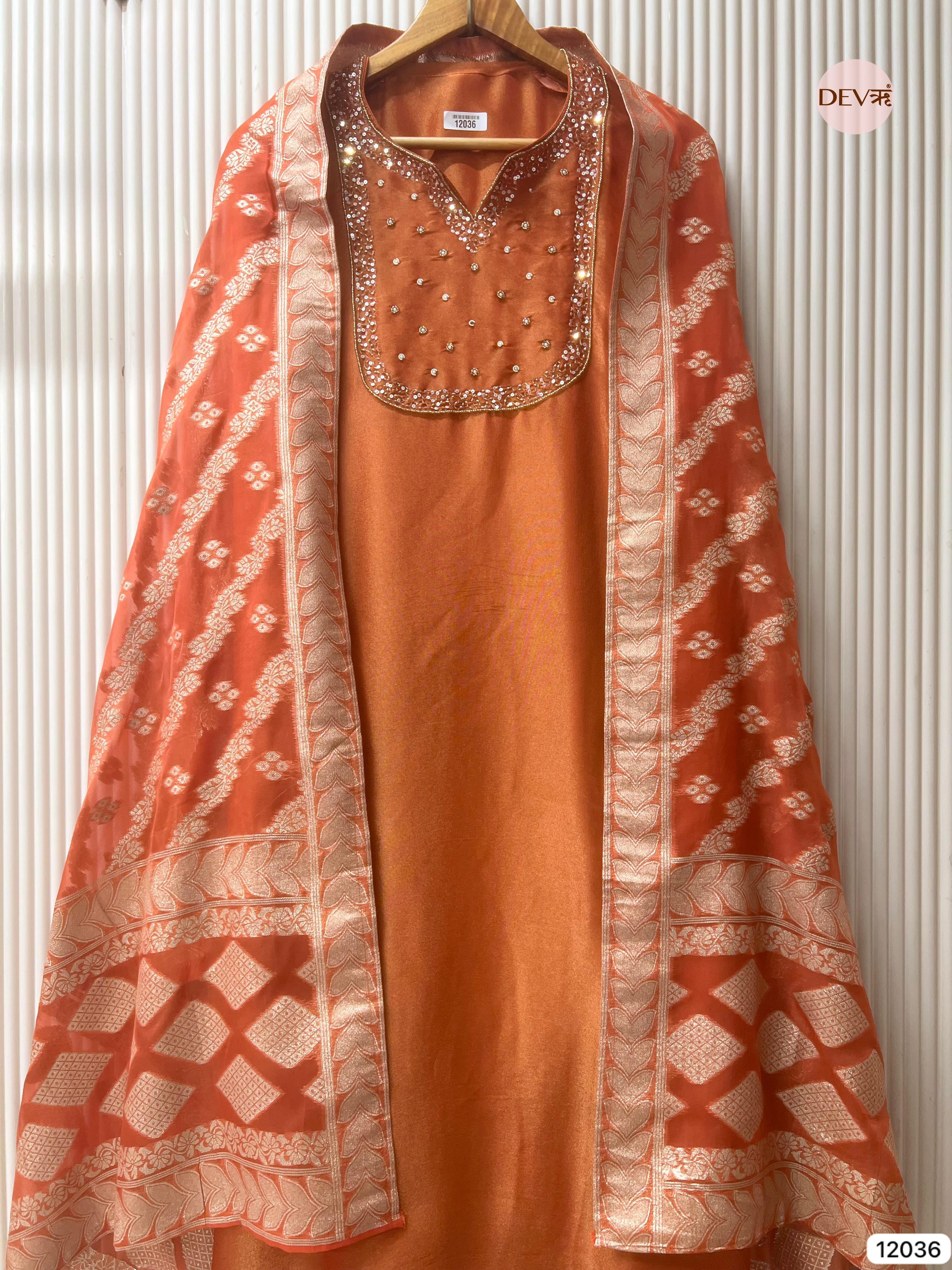 Rust Tissue Shimmer Silk Unstitched Embroidered -Set Of 3 - {12036}