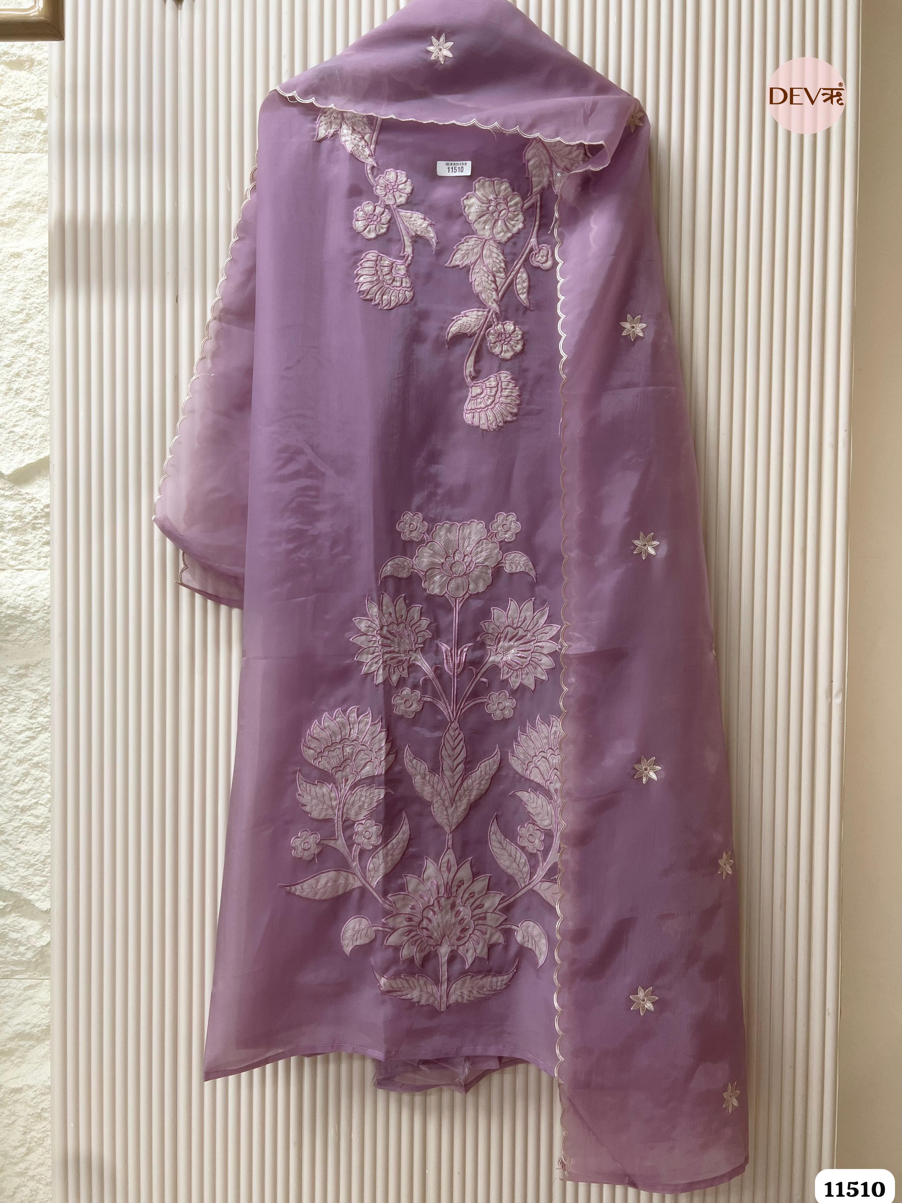 Lavender Organza Silk Unstitched Embroidered -Set Of 3 {11510}