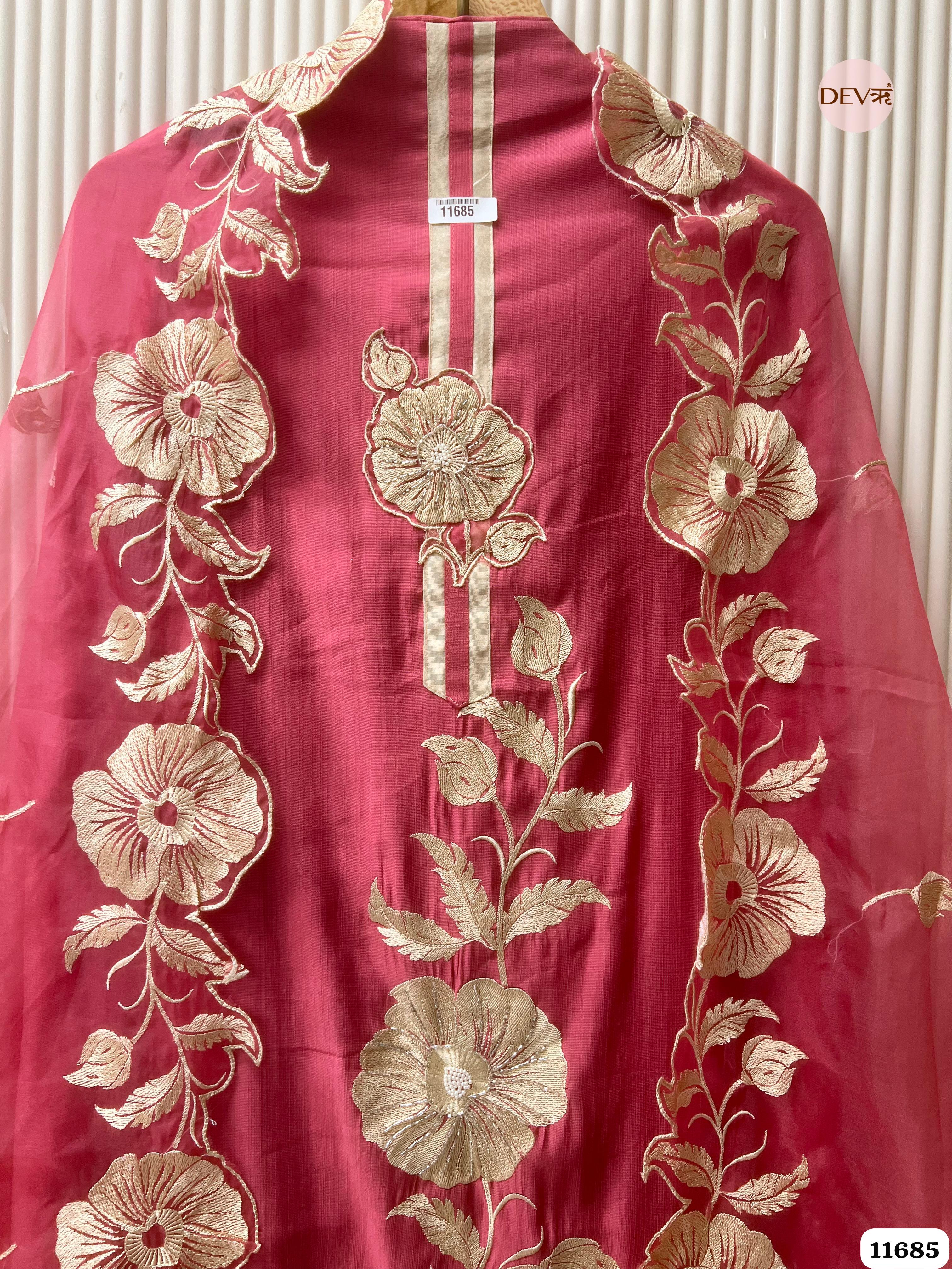 Pink Mul Chanderi Unstitched Embroidered -Set Of 3 {11685}