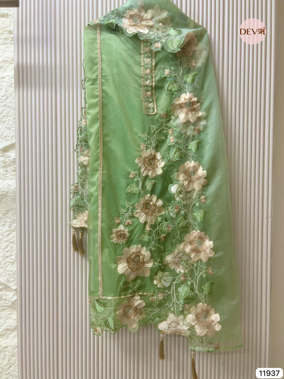 Green Tissue Shimmer Embroidered Unstitched 3-Piece Suit (Devri – D.No 11937)