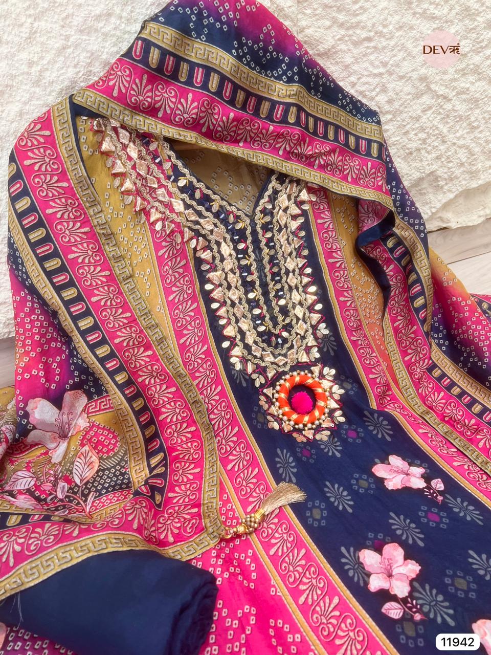 Blue Tissue Shimmer Silk Unstitched Printed Hand Embroidered -Set Of 3 - {11942}