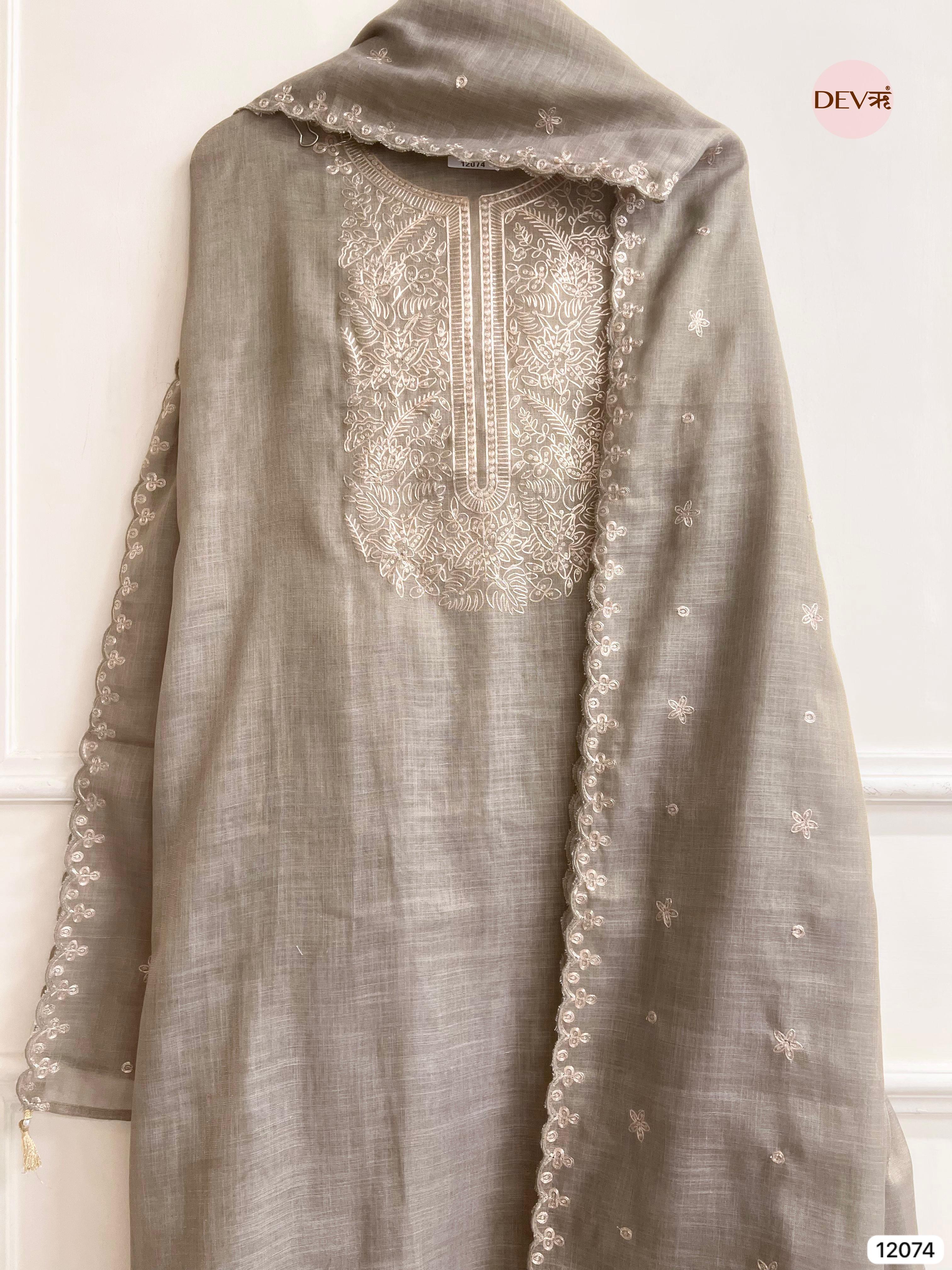 Beige Pure Linen Unstitched Zardosi Embroidered -Set Of 3 - {12074}