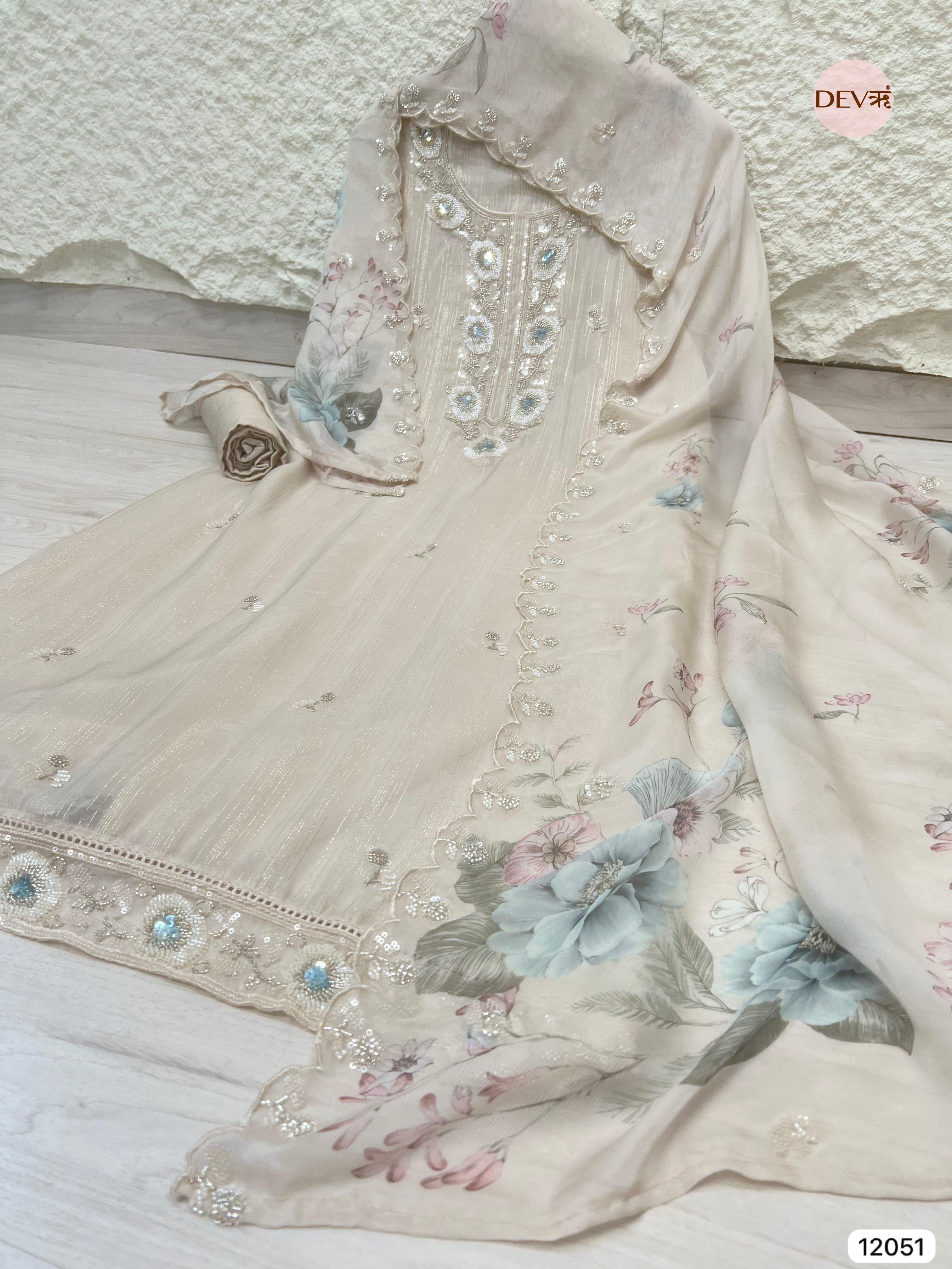 Off White Pure Organza Woven Unstitched Hand Embroidered -Set Of 3 - {12051}