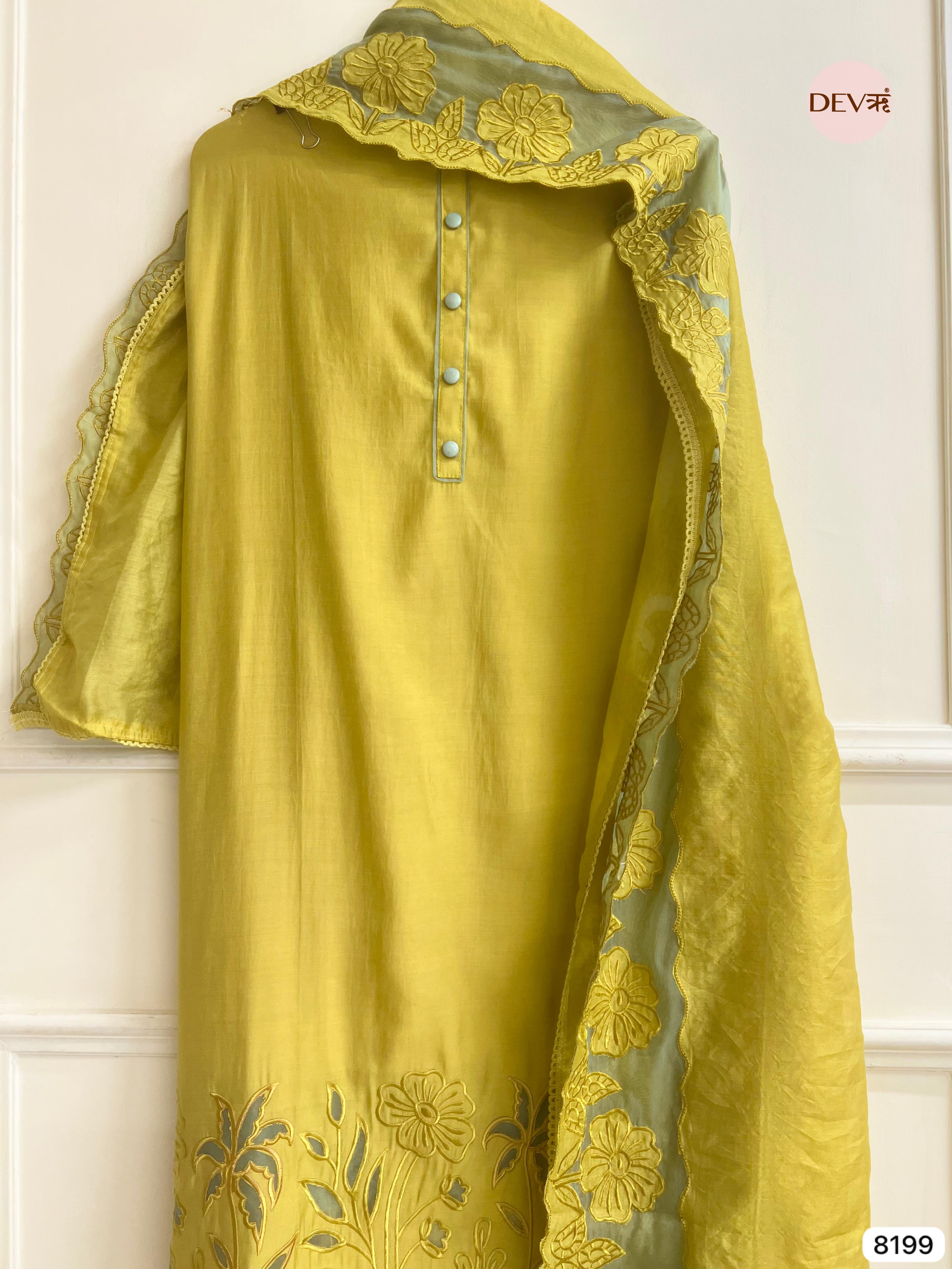 Yellow Modal Silk Unstitched Embroidered -Set Of 3 - {8199}