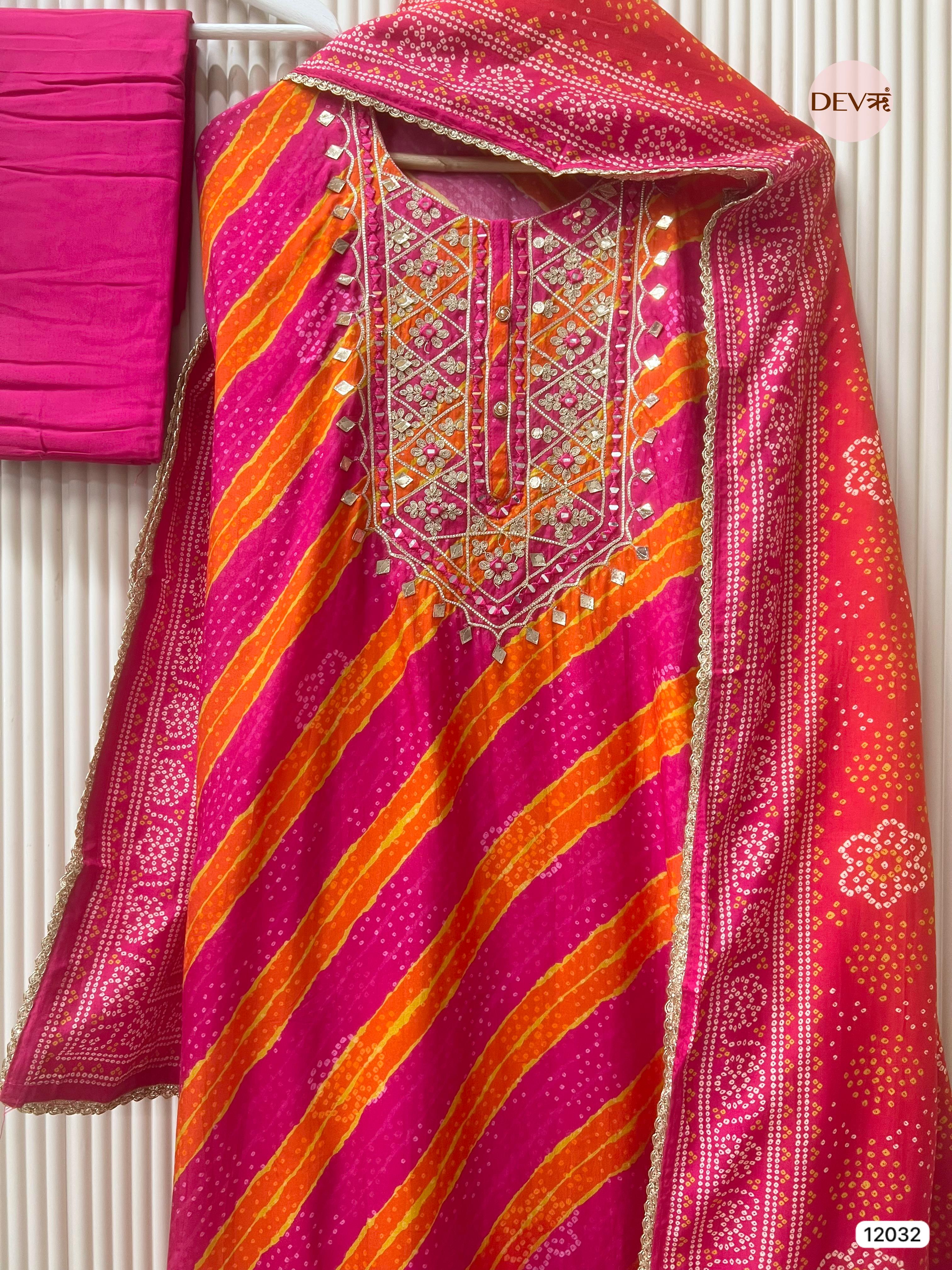 Pink Russian Silk Unstitched Printed Hand Embroidered -Set Of 3 - {12032}