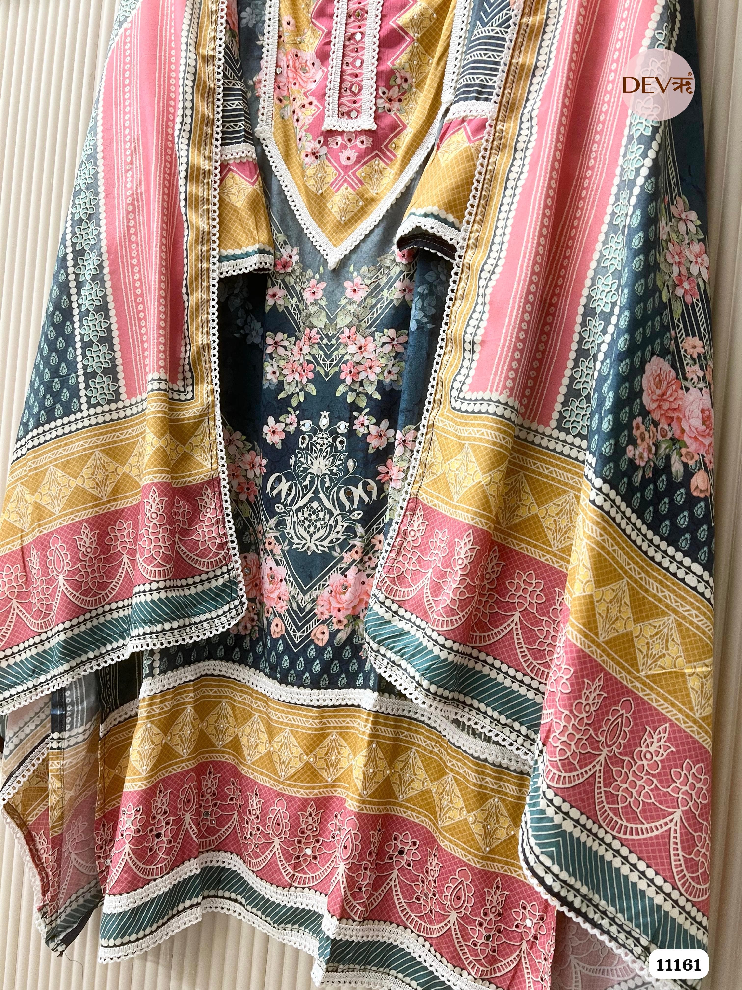 Blue Muslin Printed Semi Stitched Hand Embroidered -Set Of 3 {11161}