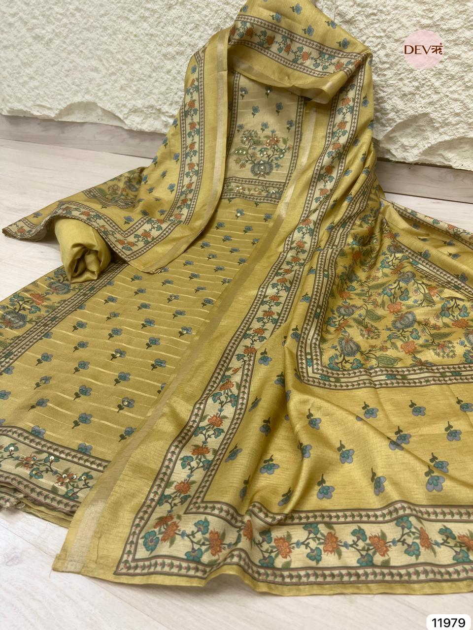 Mustard Pure Tusser Silk Printed Unstitched 3-Piece Suit (Devri – D.No 11979)