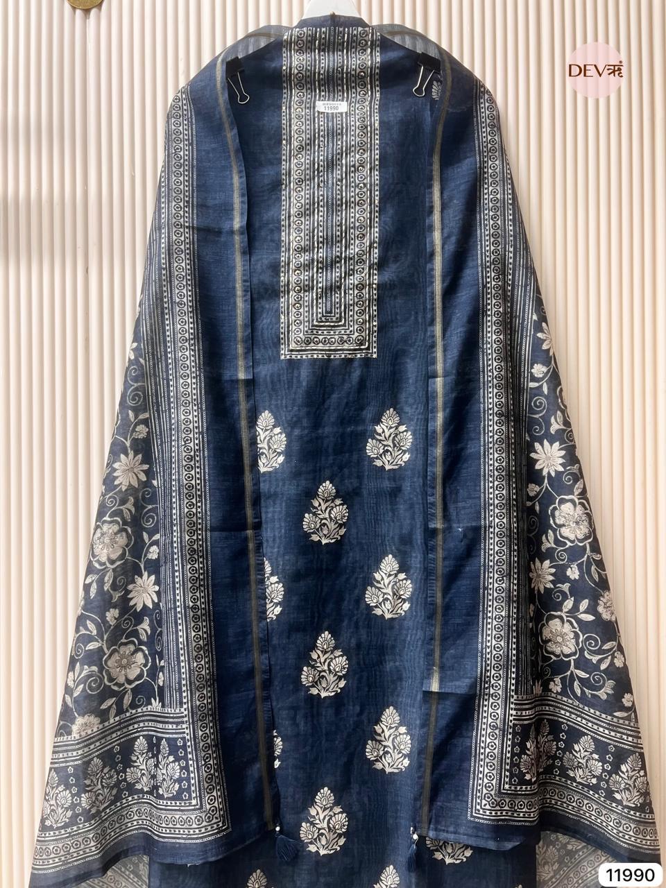 Navy Mul Chanderi Printed Unstitched 3-Piece Suit (Devri – D.No 11990)