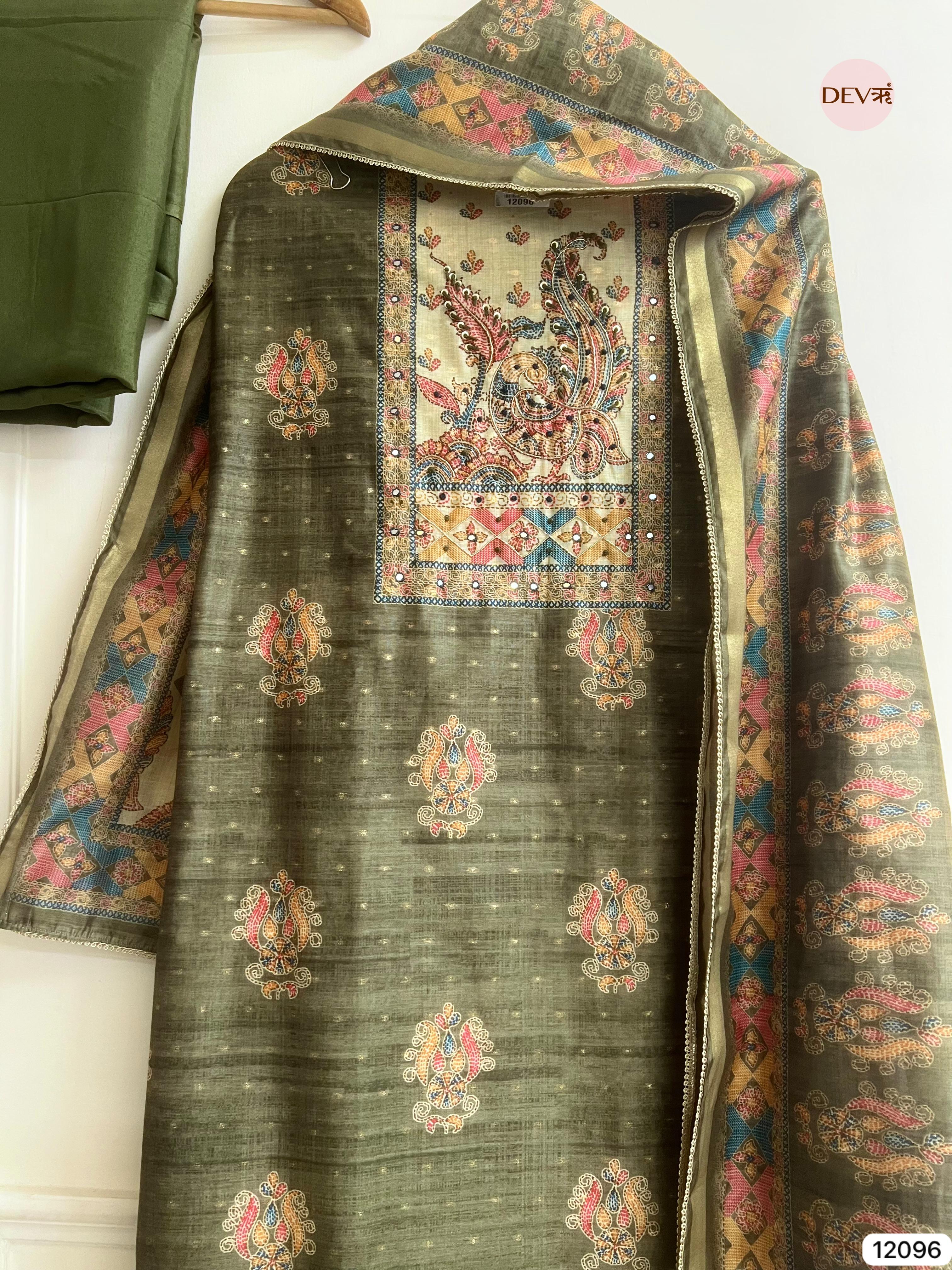 Green Tusser Khadi Silk Printed Unstitched Hand Embroidered -Set Of 3 - {12096}