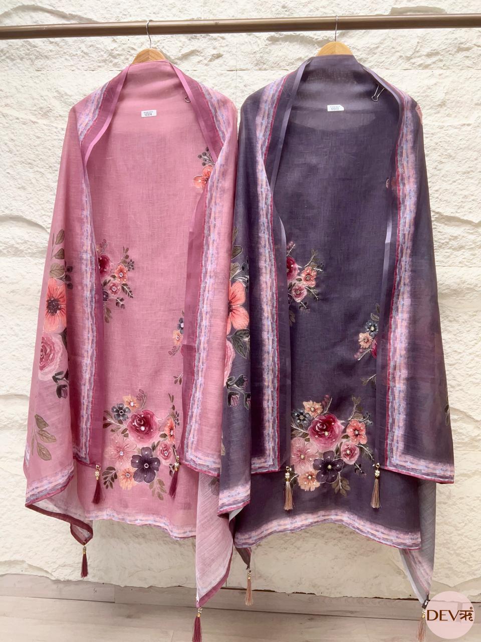 Plum Grey Linen Printed Unstitched 3-Piece Suit (Devri – D.No 12373)