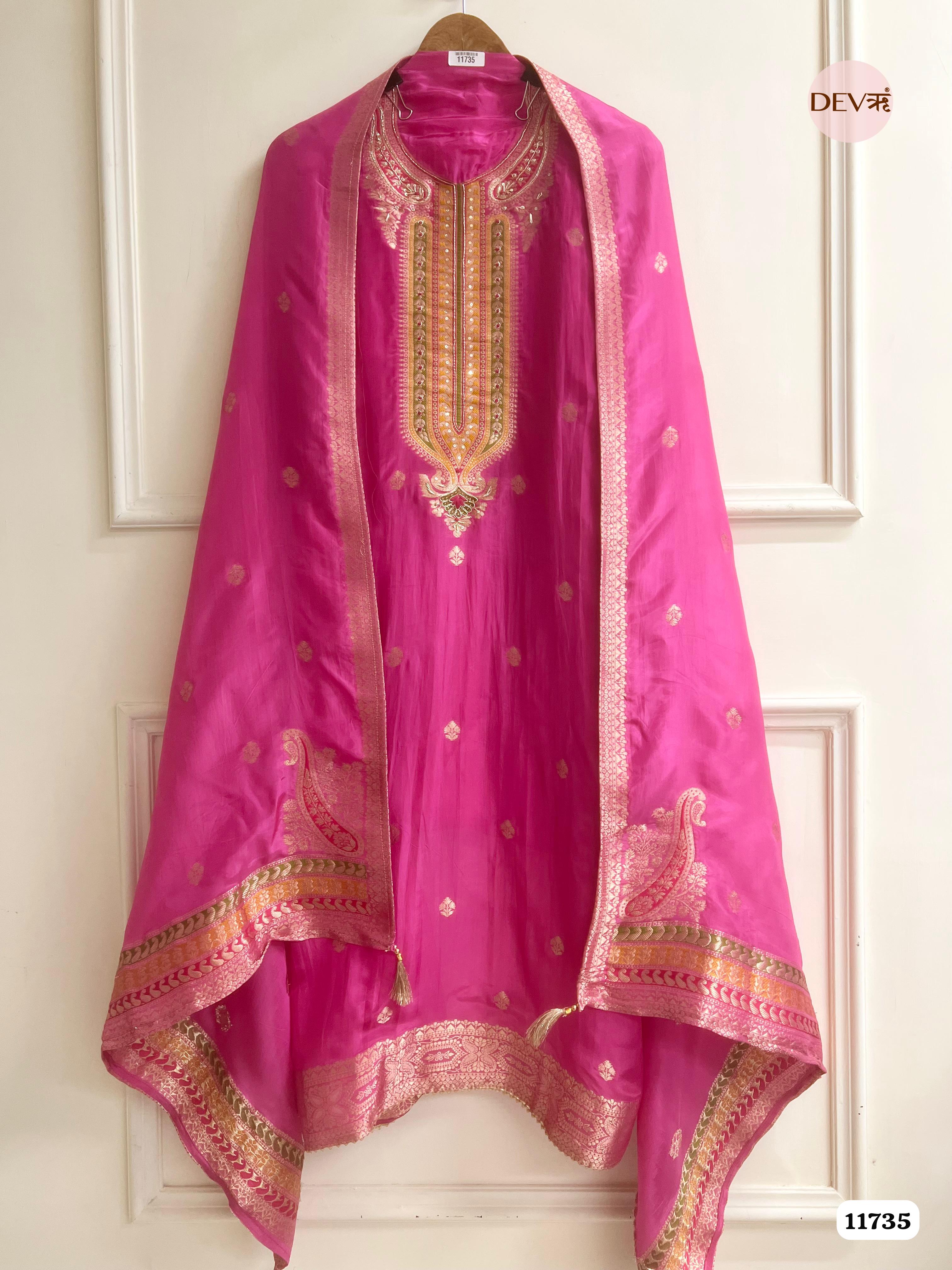 Pink Organza Silk Unstitched Banarasi Weave Hand Embroidered -Set Of 3 {11735}