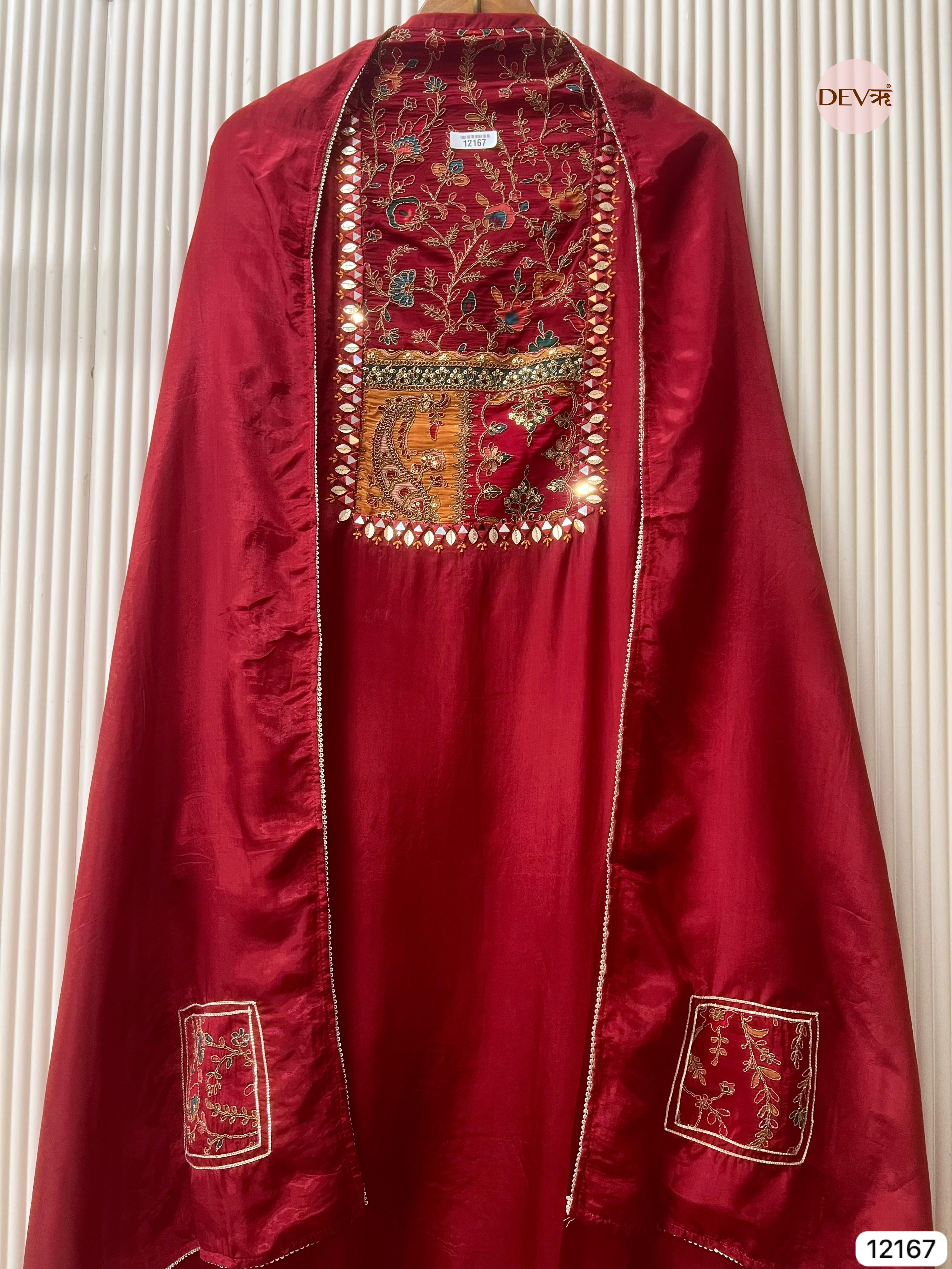 Red Organza Silk Unstitched Shirt with Hand Embroidered -Set Of 3 - {12167}