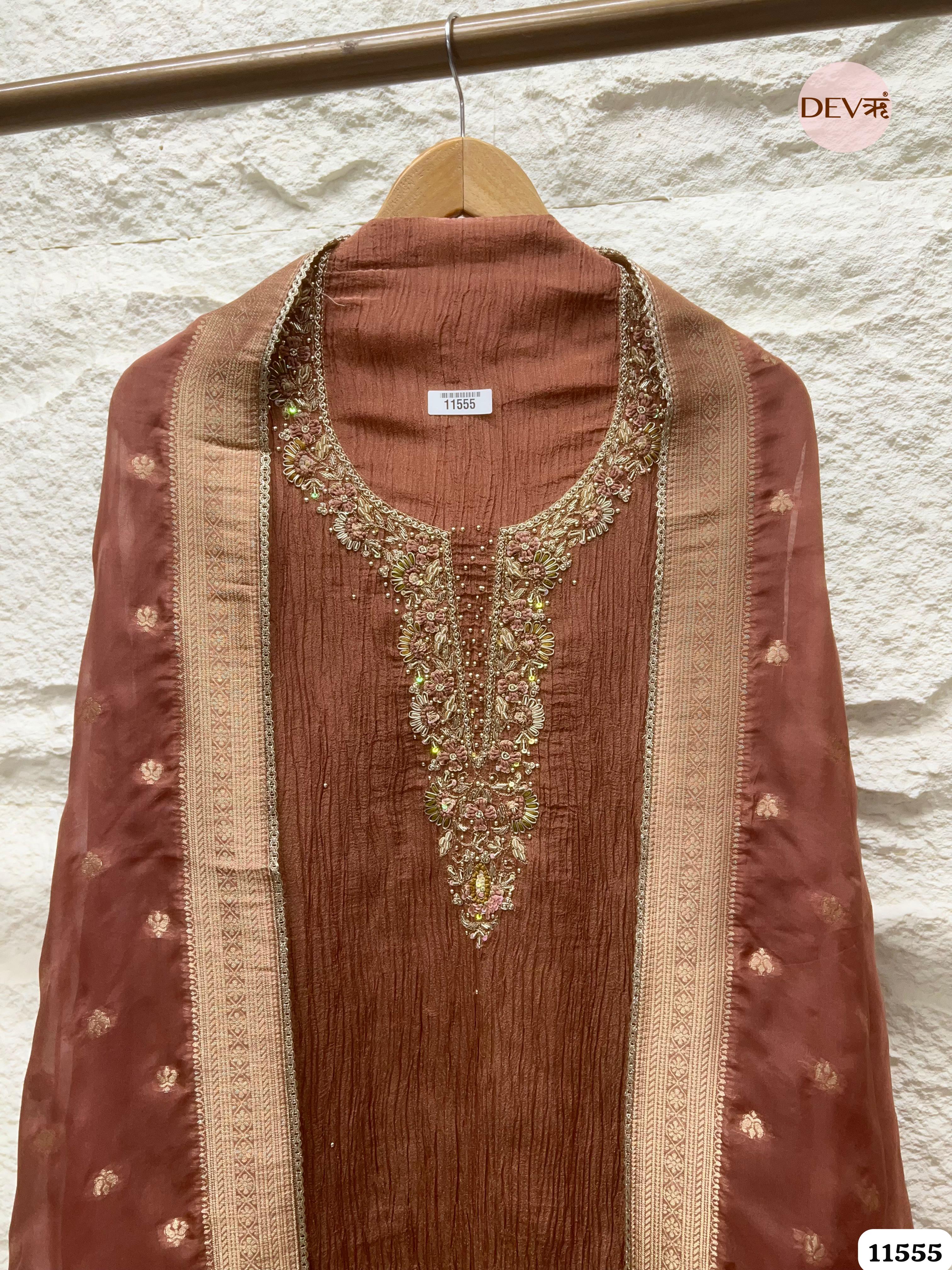 Reddish-Brown Pure Tissue Crush Silk Unstitched Hand Embroidered -Set Of 3 {11555}