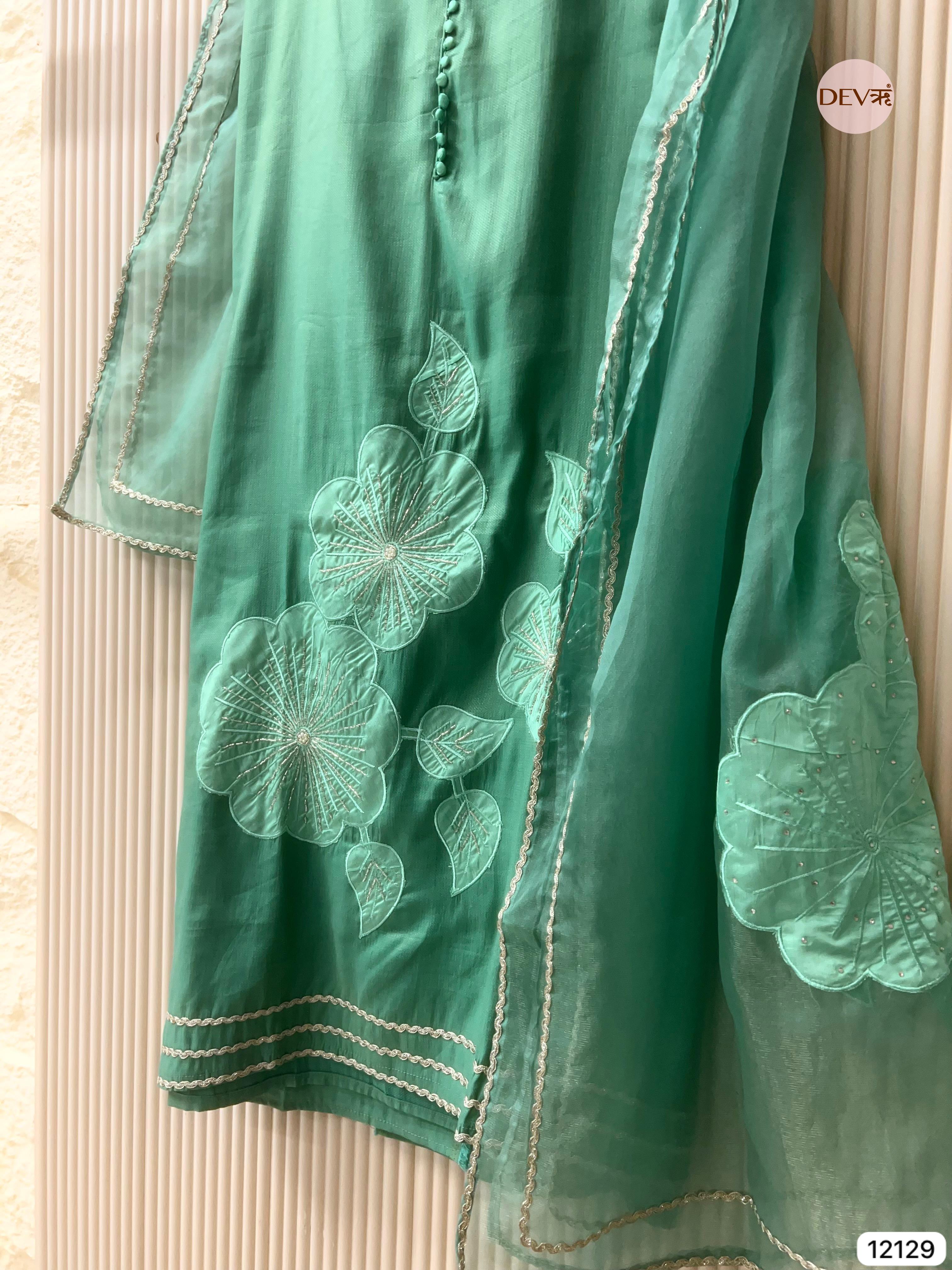 Green Shimmer silk Unstitched Applique Embroidered -Set Of 3 - {12129}