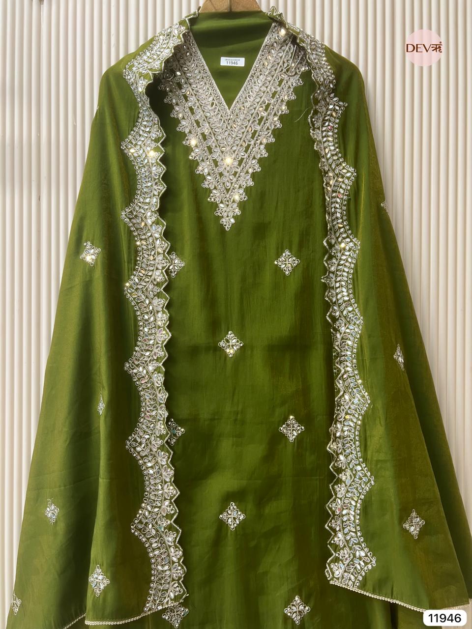 Green Modal Silk Unstitched Hand Embroidered -Set Of 3 - {11946}