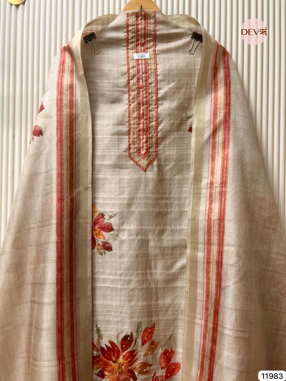 Beige Tusser Silk Printed Unstitched 3-Piece Suit (Devri – D.No 11983)