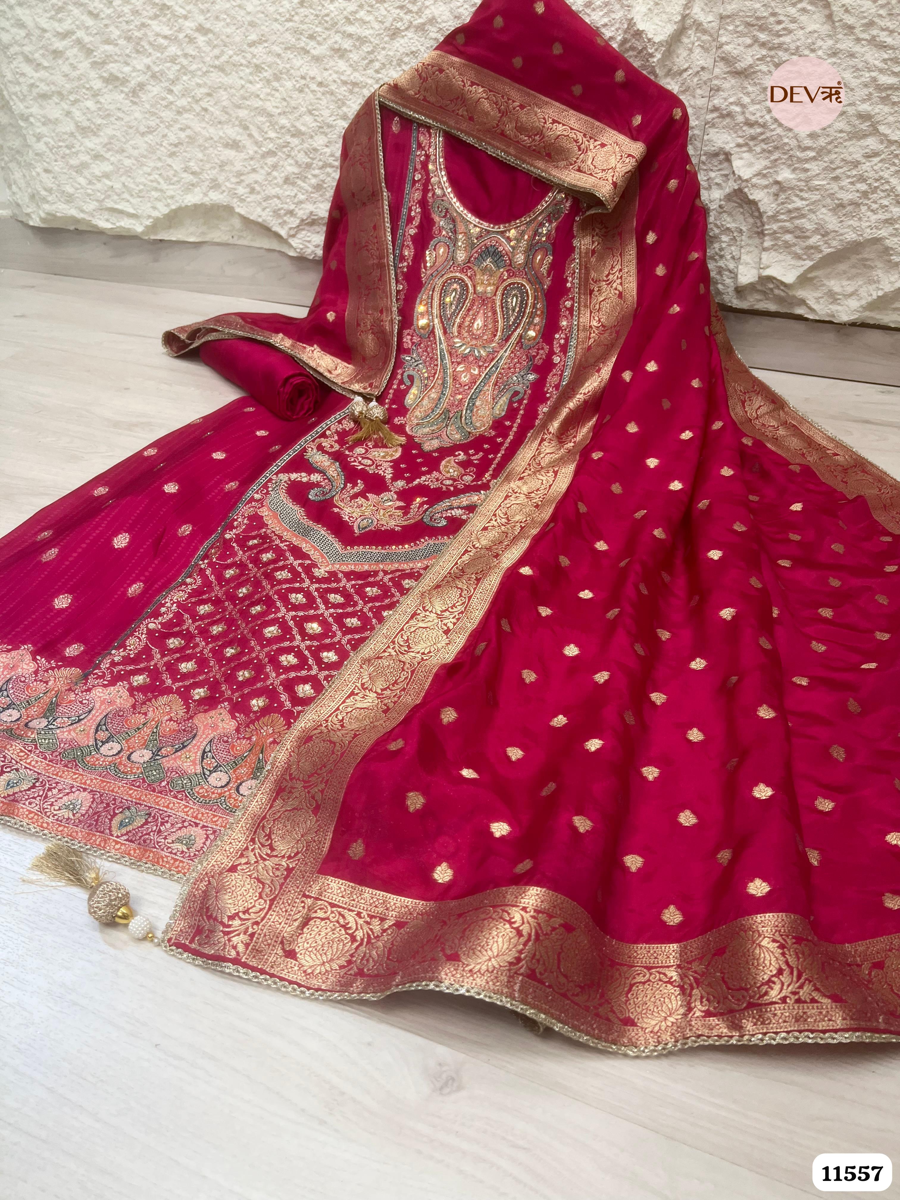 Rani Pink Pure Dola Silk Unstitched Hand Embroidered Banarasi Weave -Set Of 3 {11557}