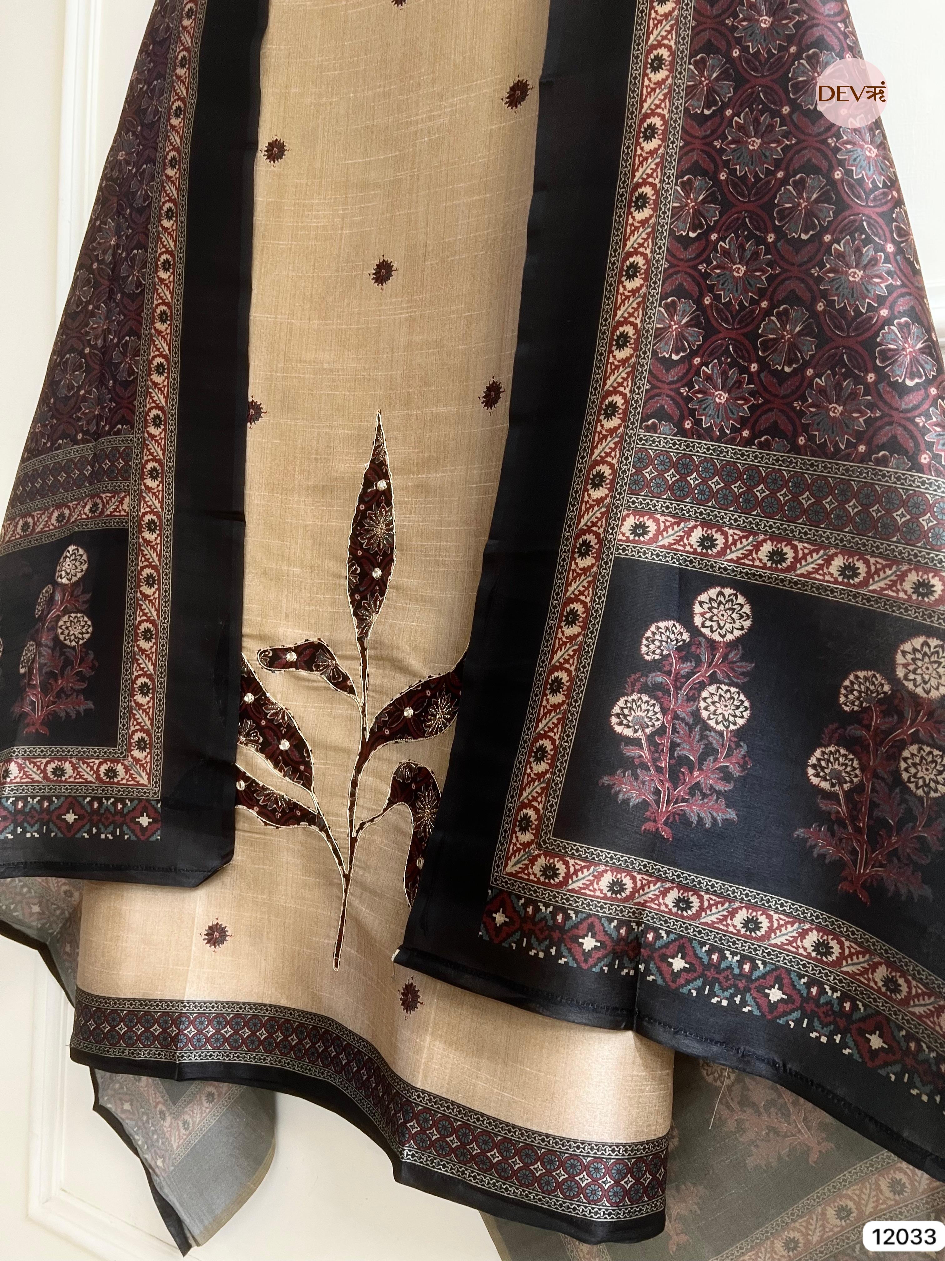 Off White Raw Silk Unstitched Hand Applique Work Embroidered -Set Of 3 - {12033}