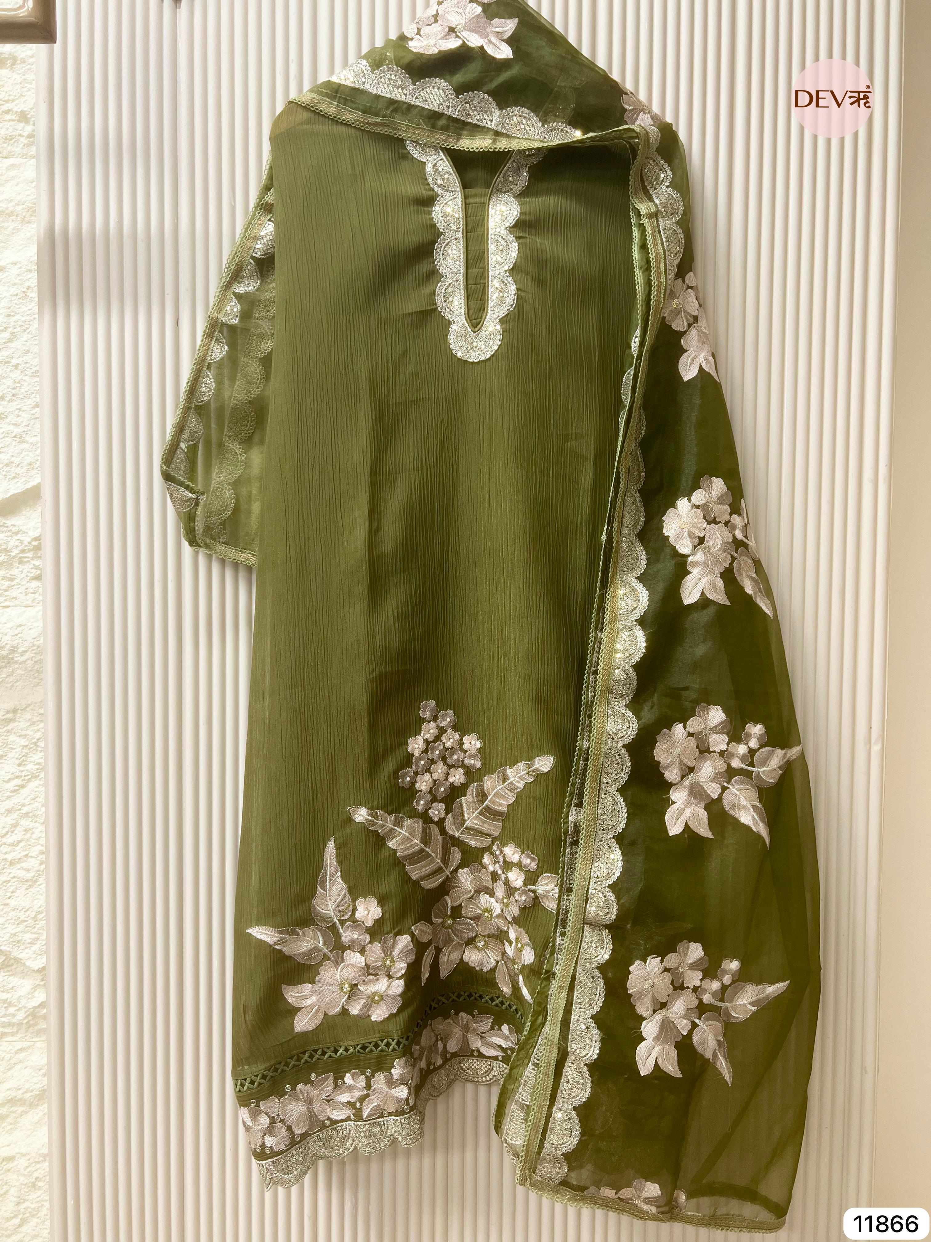 Green Tissue Crush Silk Unstitched Embroidered -Set Of 3 - {11866}