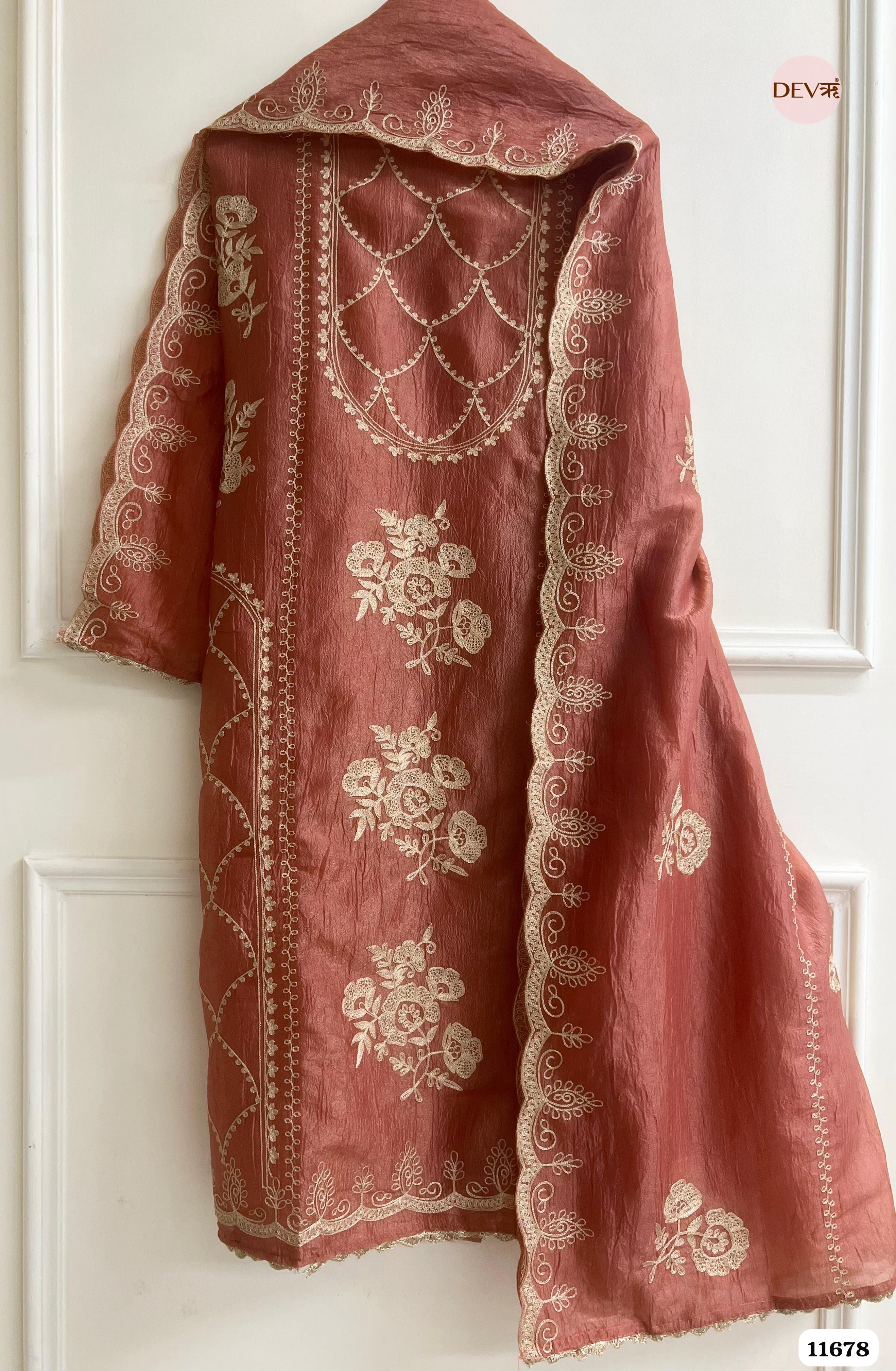 Rust Tissue Crush Unstitched Embroidered -Set Of 3 {11678}