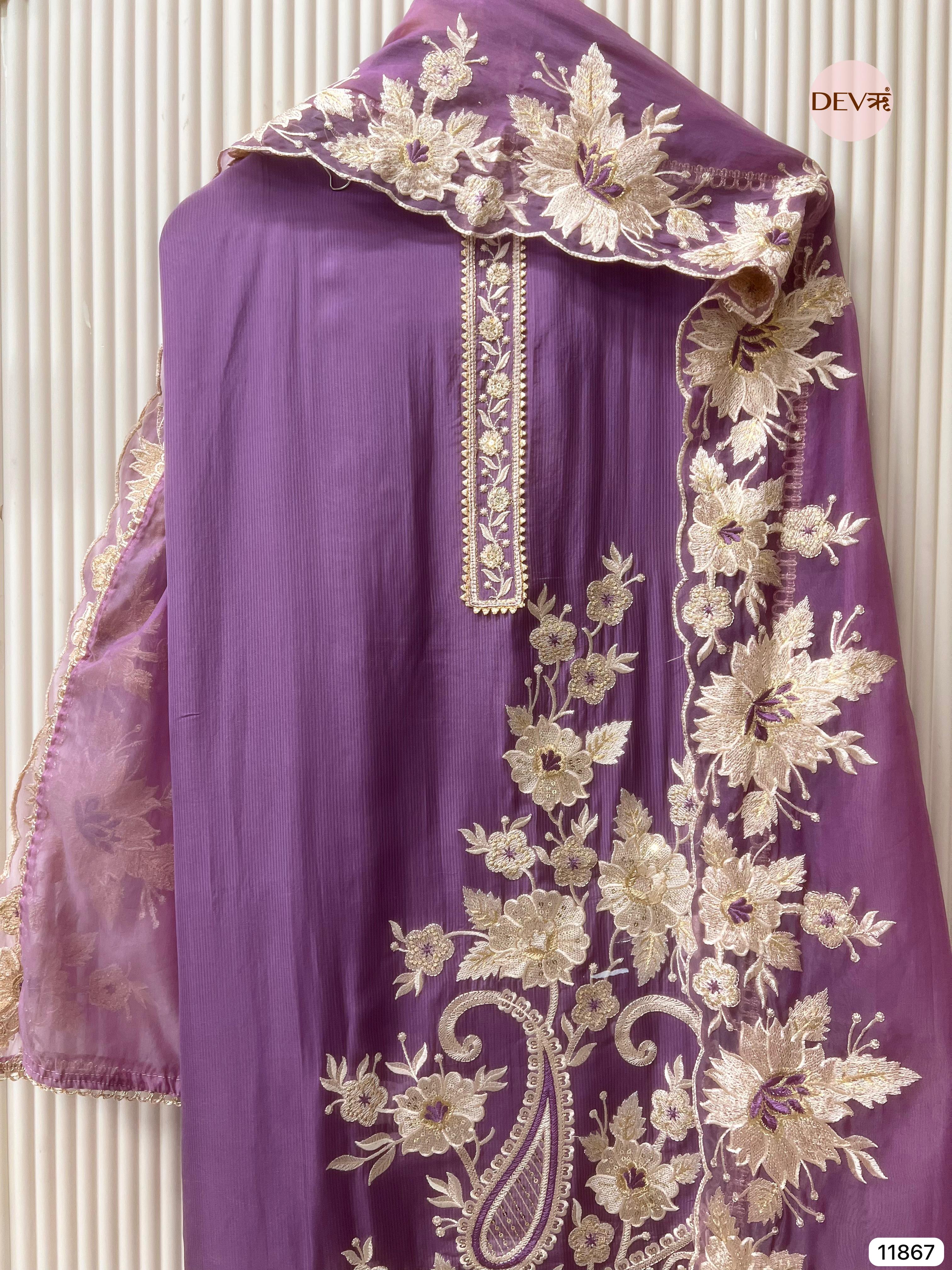 Purple Tissue silk unstitched Embroidered -Set Of 3 - {11868}