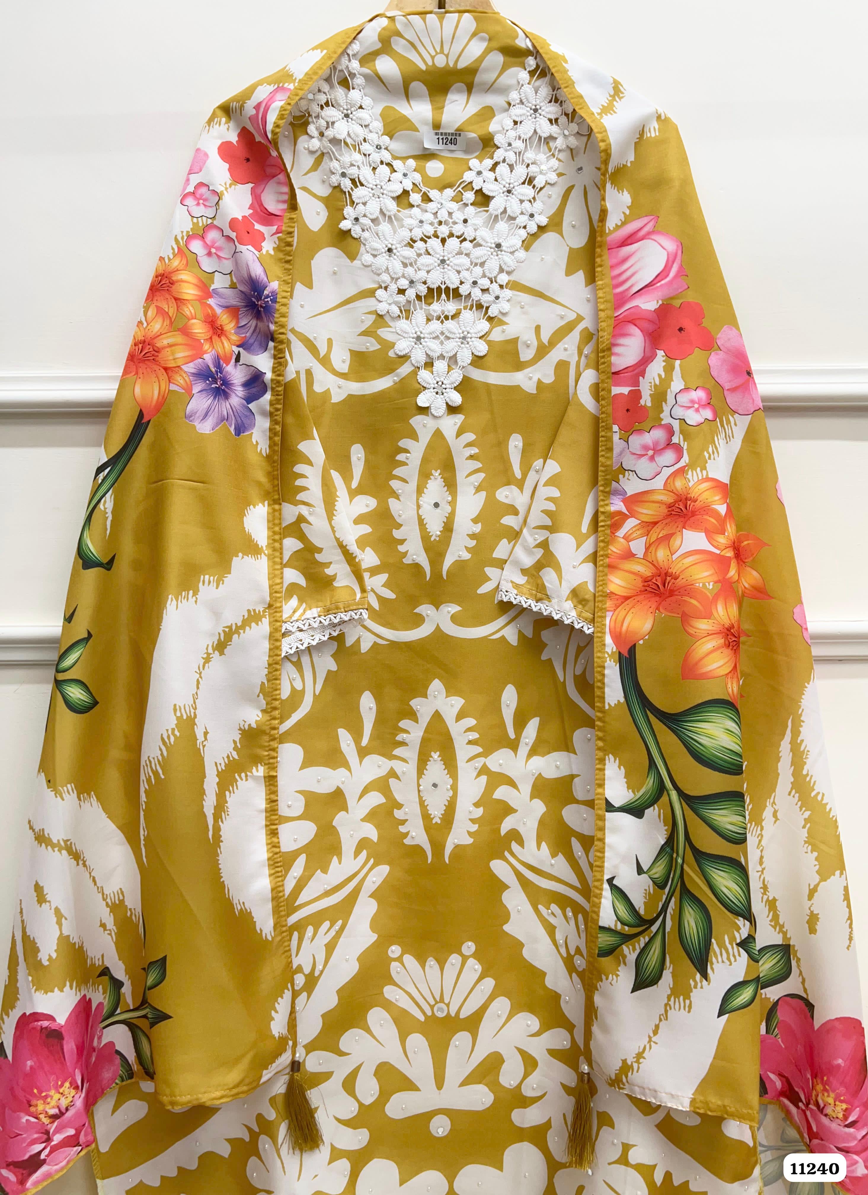 Yellow Muslin Blend Semi Stitched-Set Of 3 {11240}