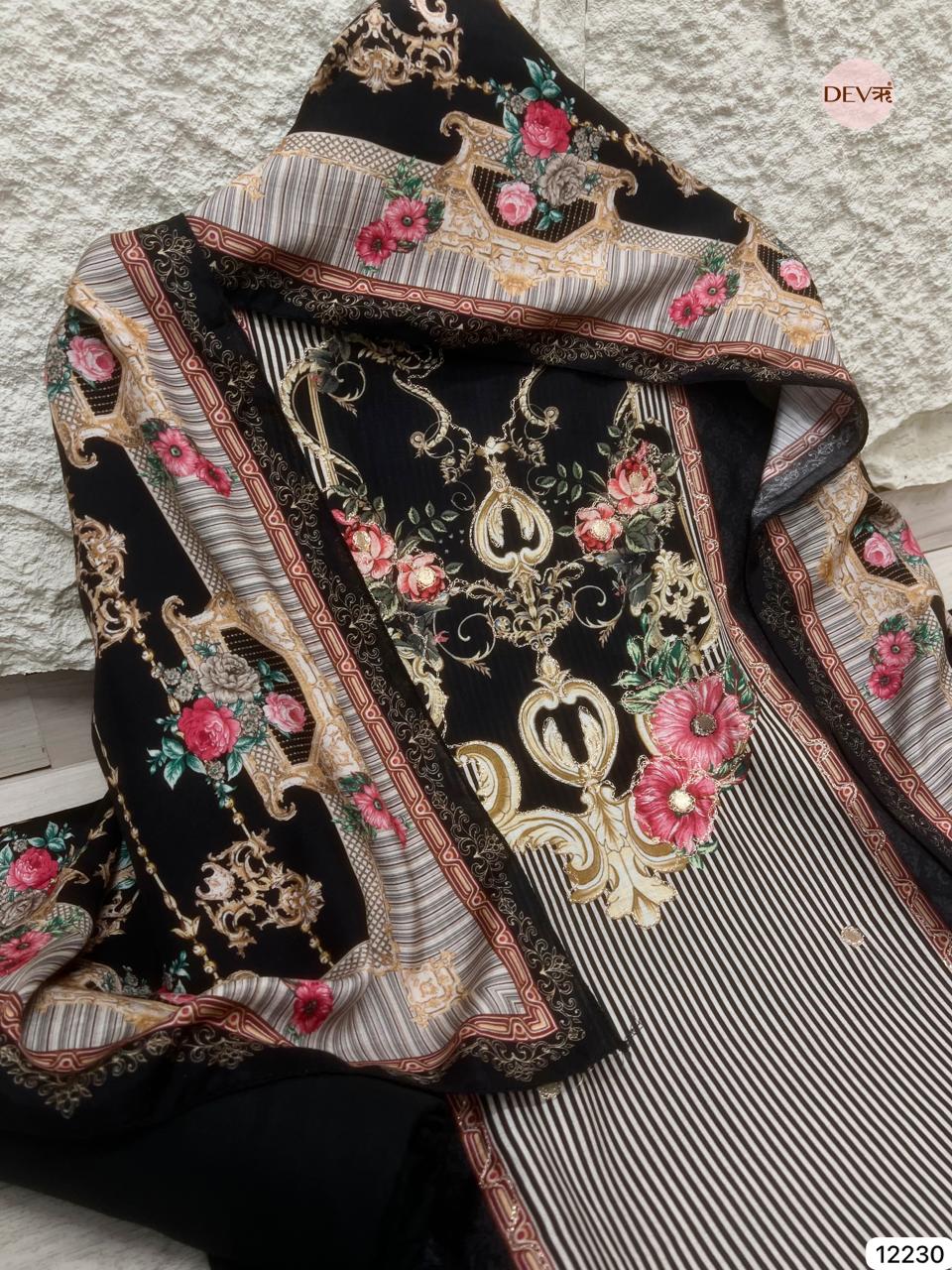 Black Pure Muslin Printed Unstitched 3-Piece Suit (Devri – D.No 12230)