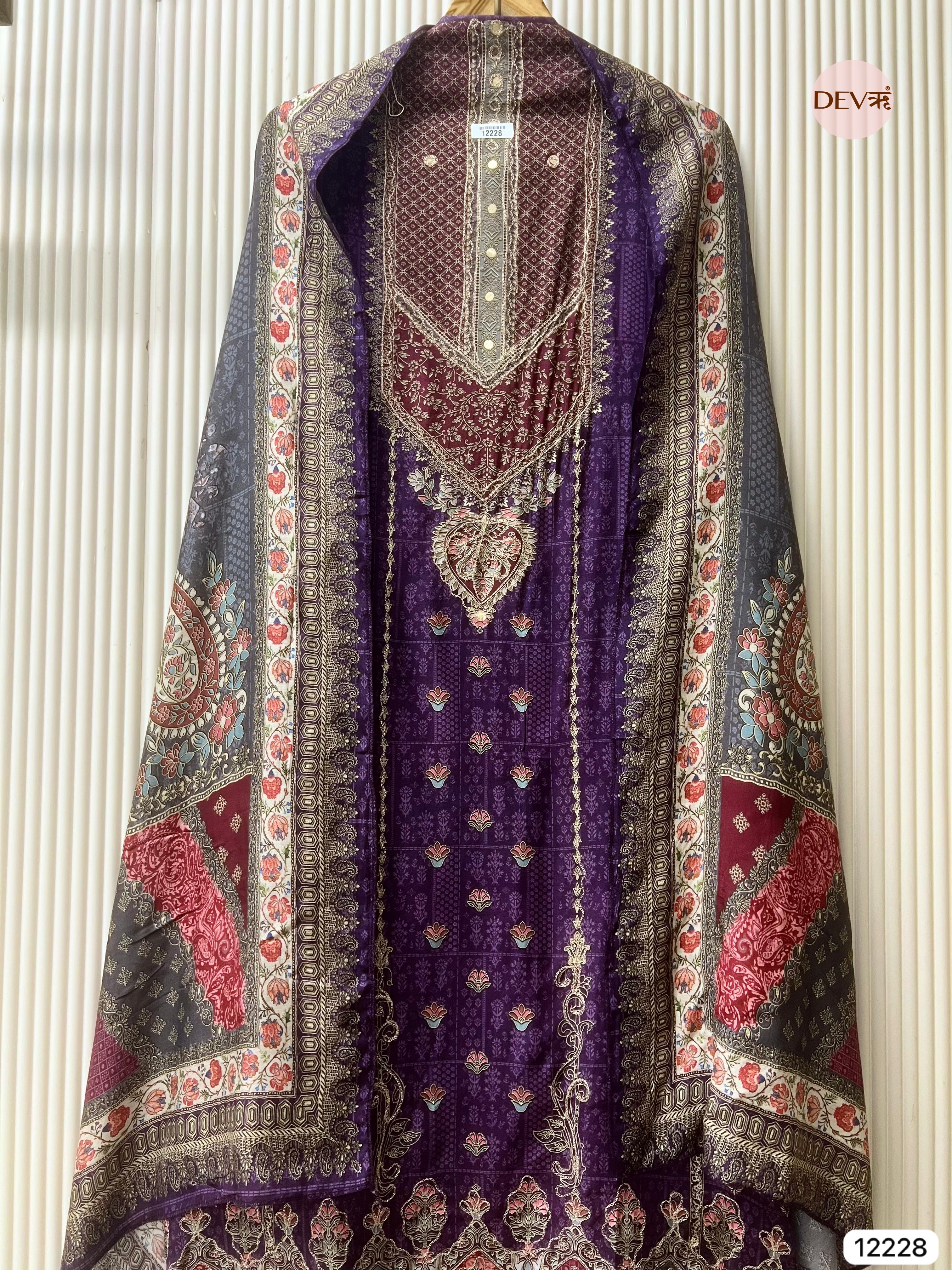 Purple Pure Muslin Printed Unstitched 3-Piece Suit (Devri – D.No 12228)