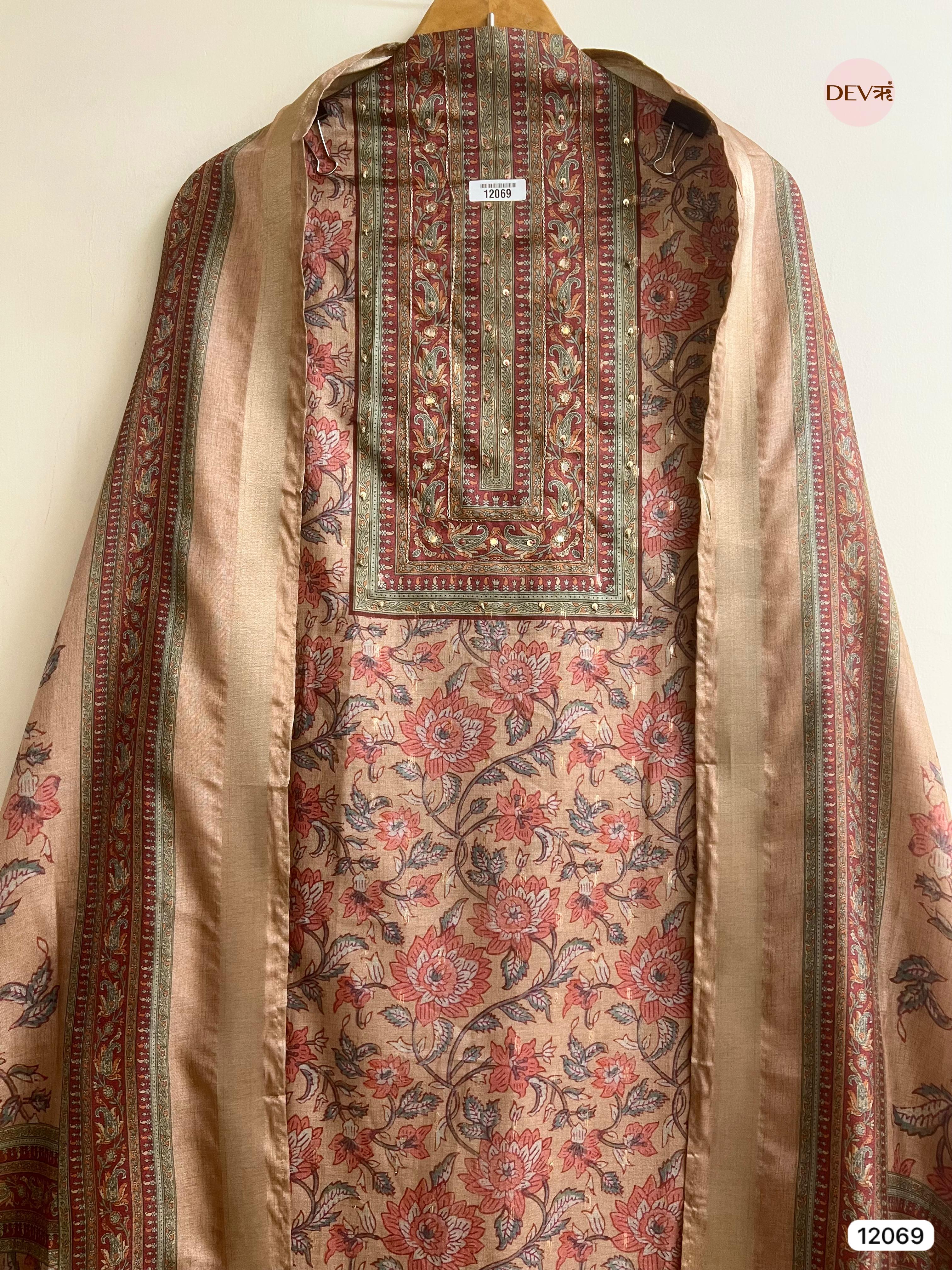 Multi Colour Tusser Khadi Silk Printed Unstitched Hand Embroidered -Set Of 3 - {12069}