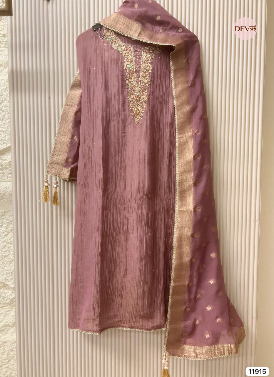 Purple Pure Tissue Silk Crush Unstitched Hand Embroidered -Set Of 3 - {11915}