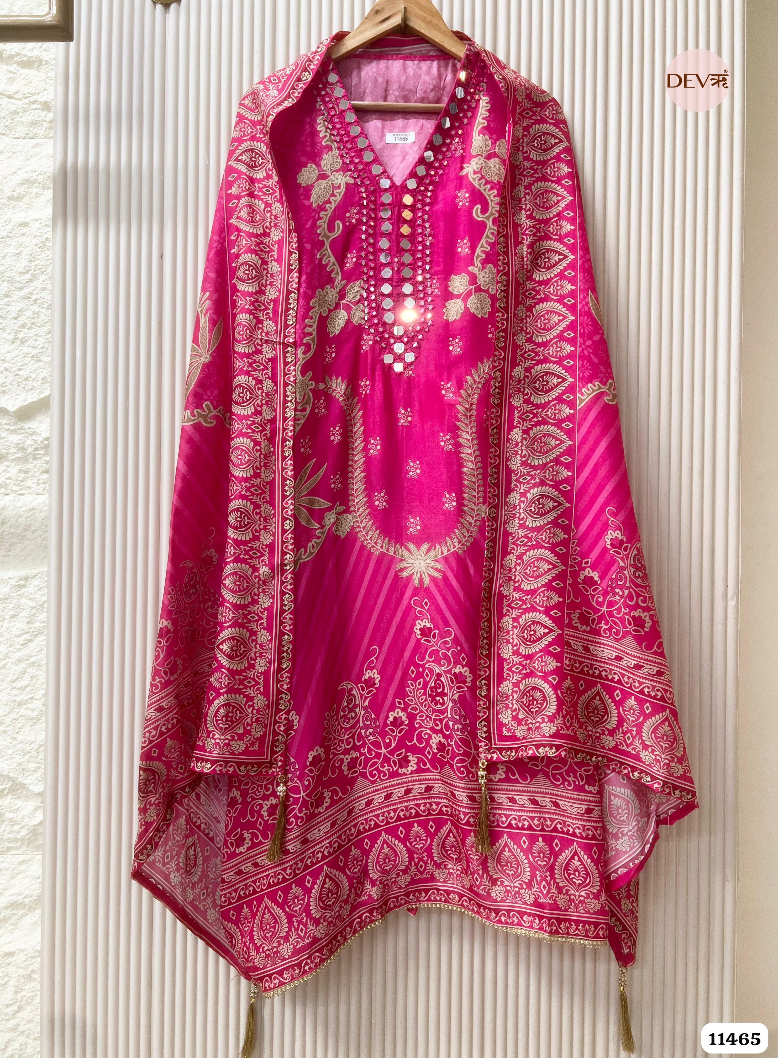 Pink Russian Silk Printed Hand Embroidered -Set Of 3 {11465}