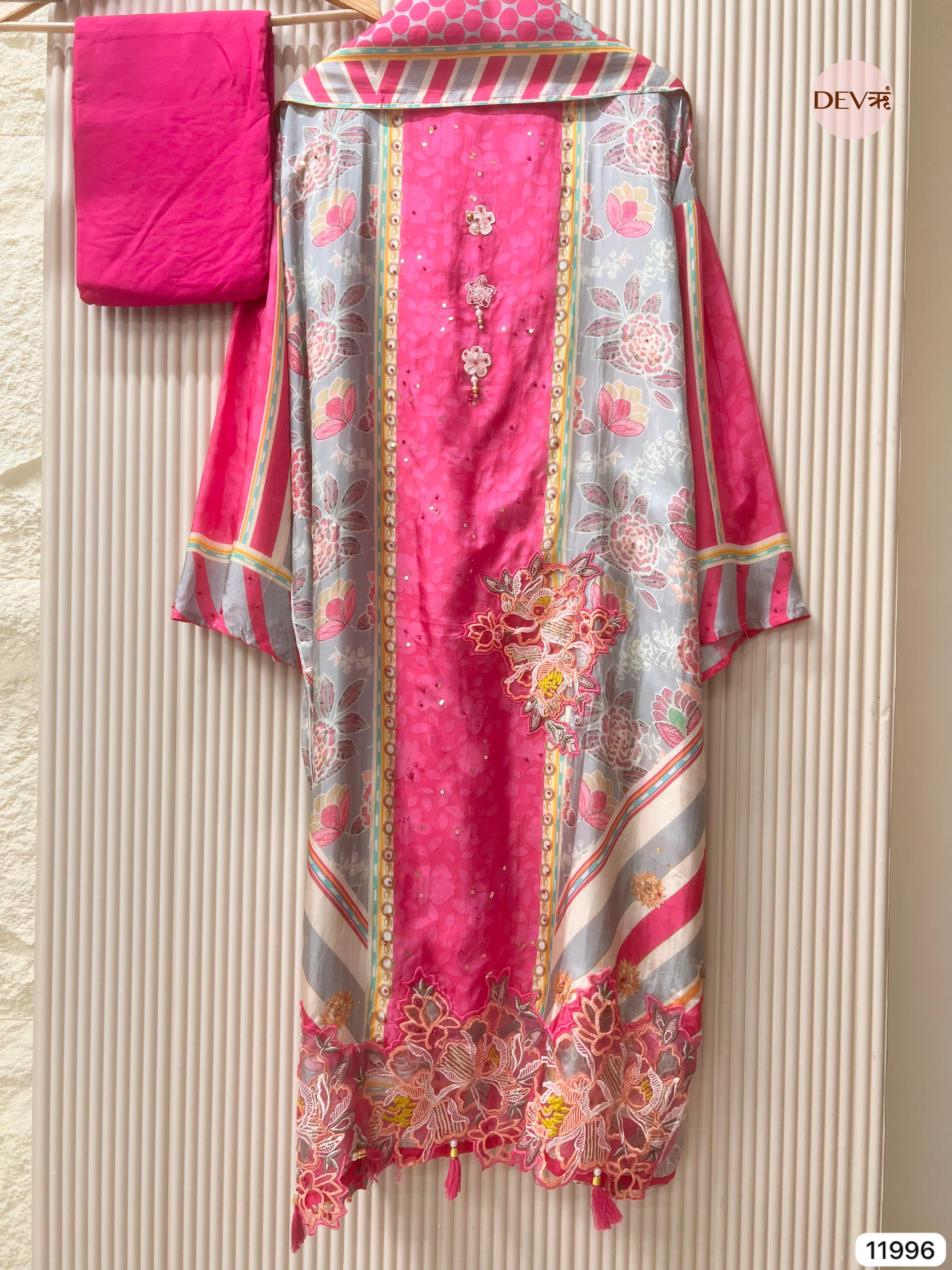 {11996}Pink Pure Organza Silk Semi stitched Printed Embroidered -Set Of 3