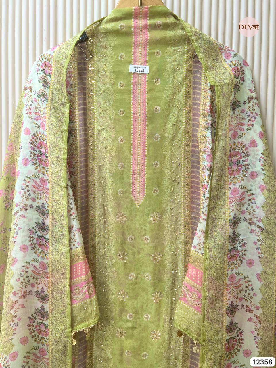 Sage Green Organza Printed Unstitched 3-Piece Suit (Devri – D.No 12358)