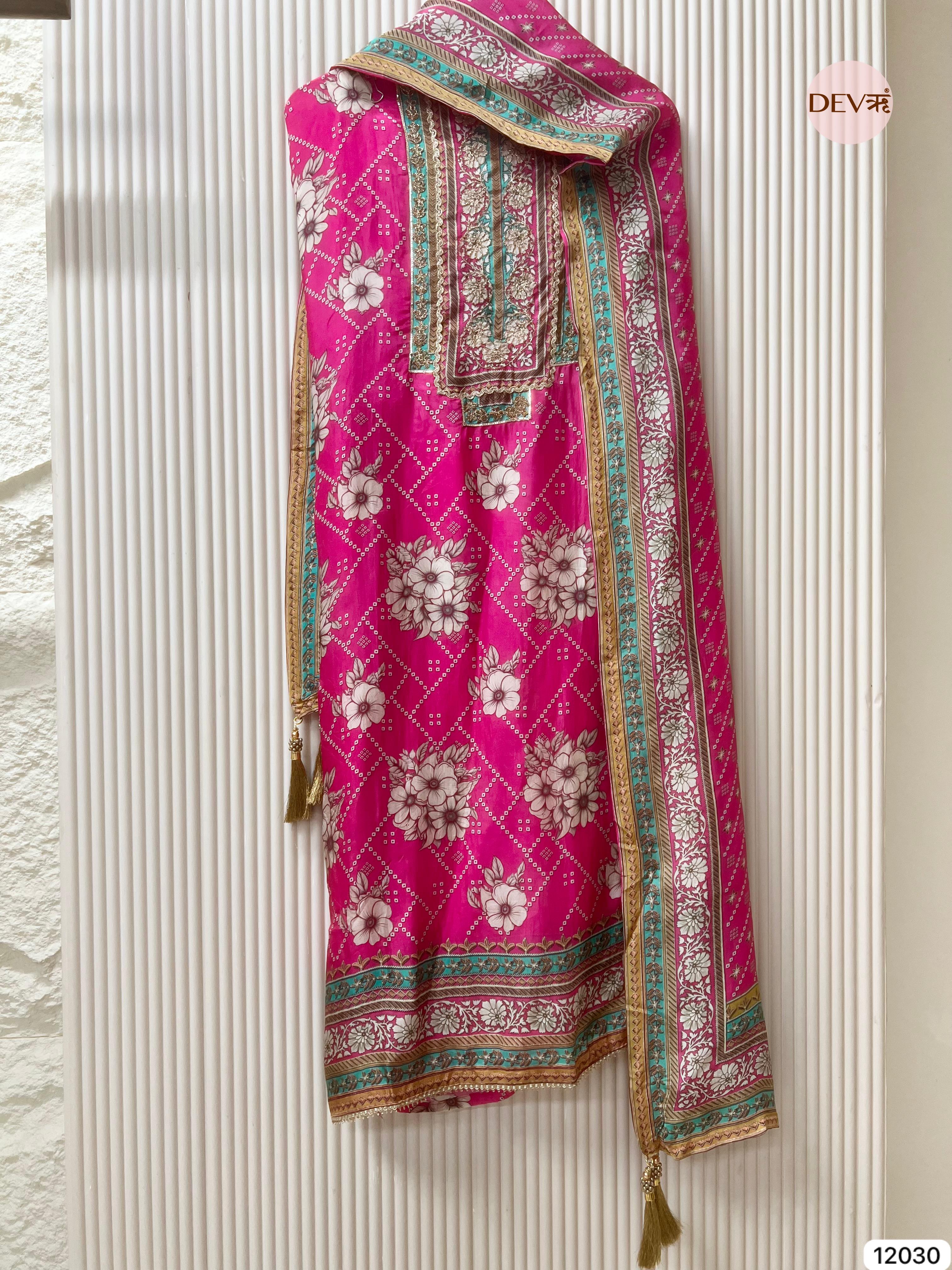 Pink Pure Glass Silk Unstitched Printed Zardosi Highlight Embroidered -Set Of 3 - {12030}