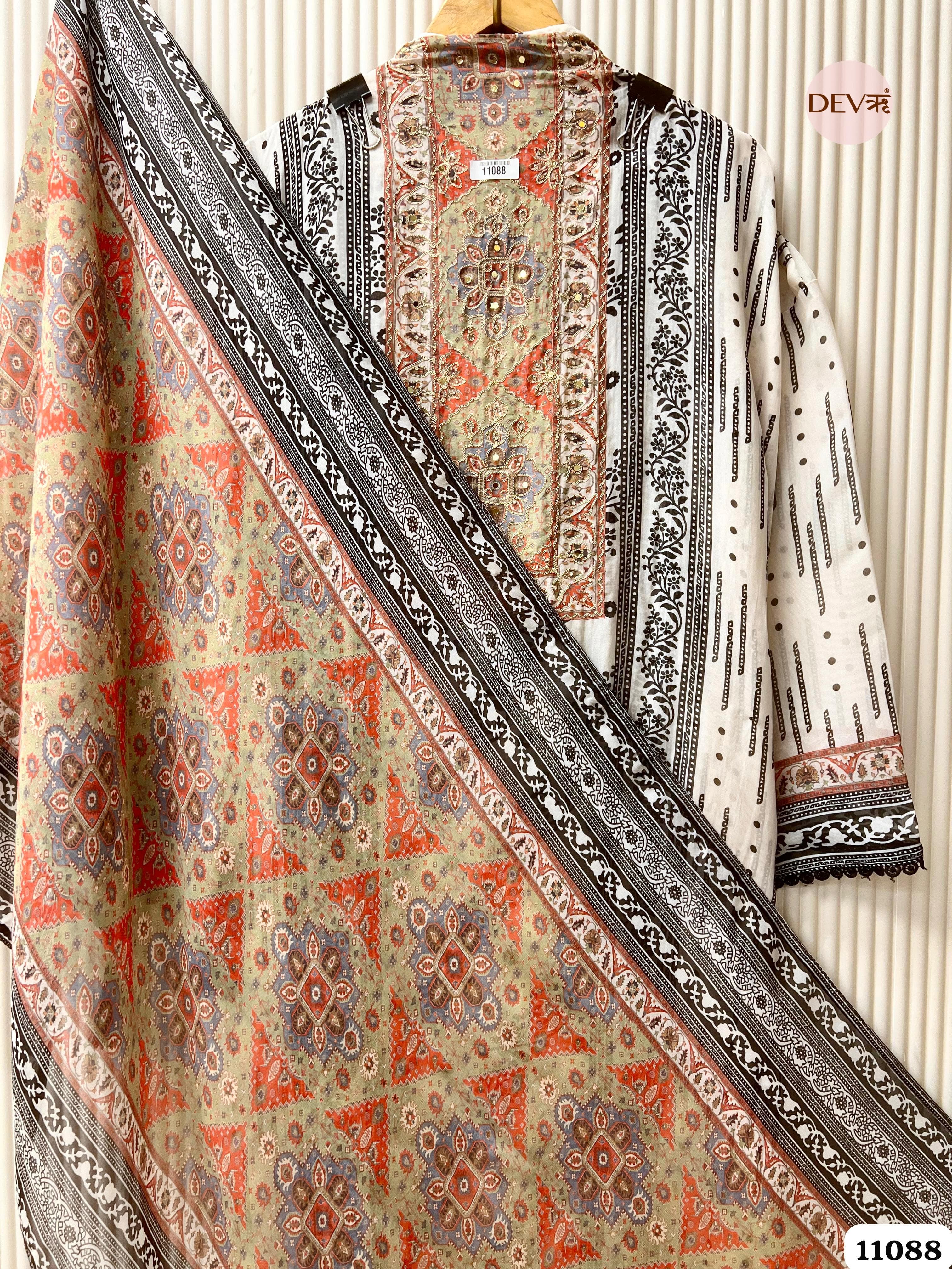 Beige Organza Printed Semi Stitched Hand Embroidered -Set Of 3 {11088}
