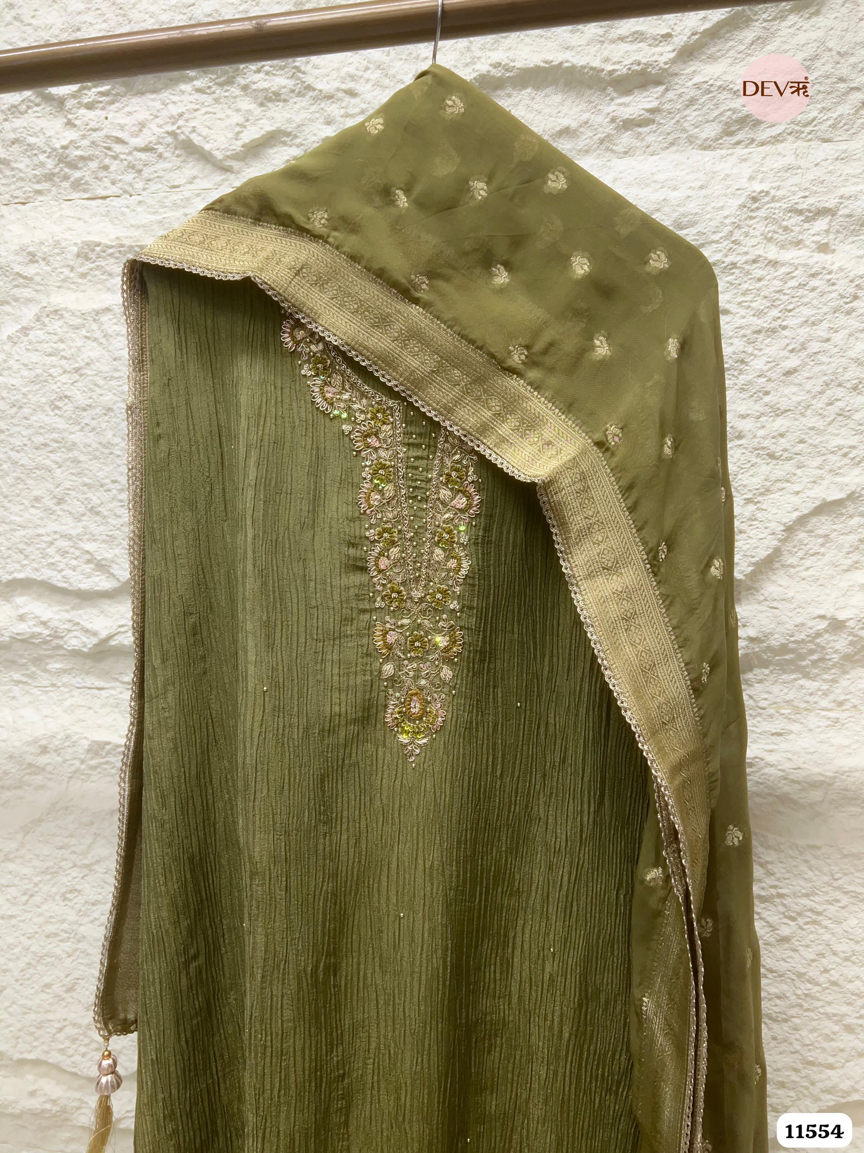 Olive Green Pure Tissue Crush Silk Unstitched Hand Embroidered -Set Of 3 {11554}