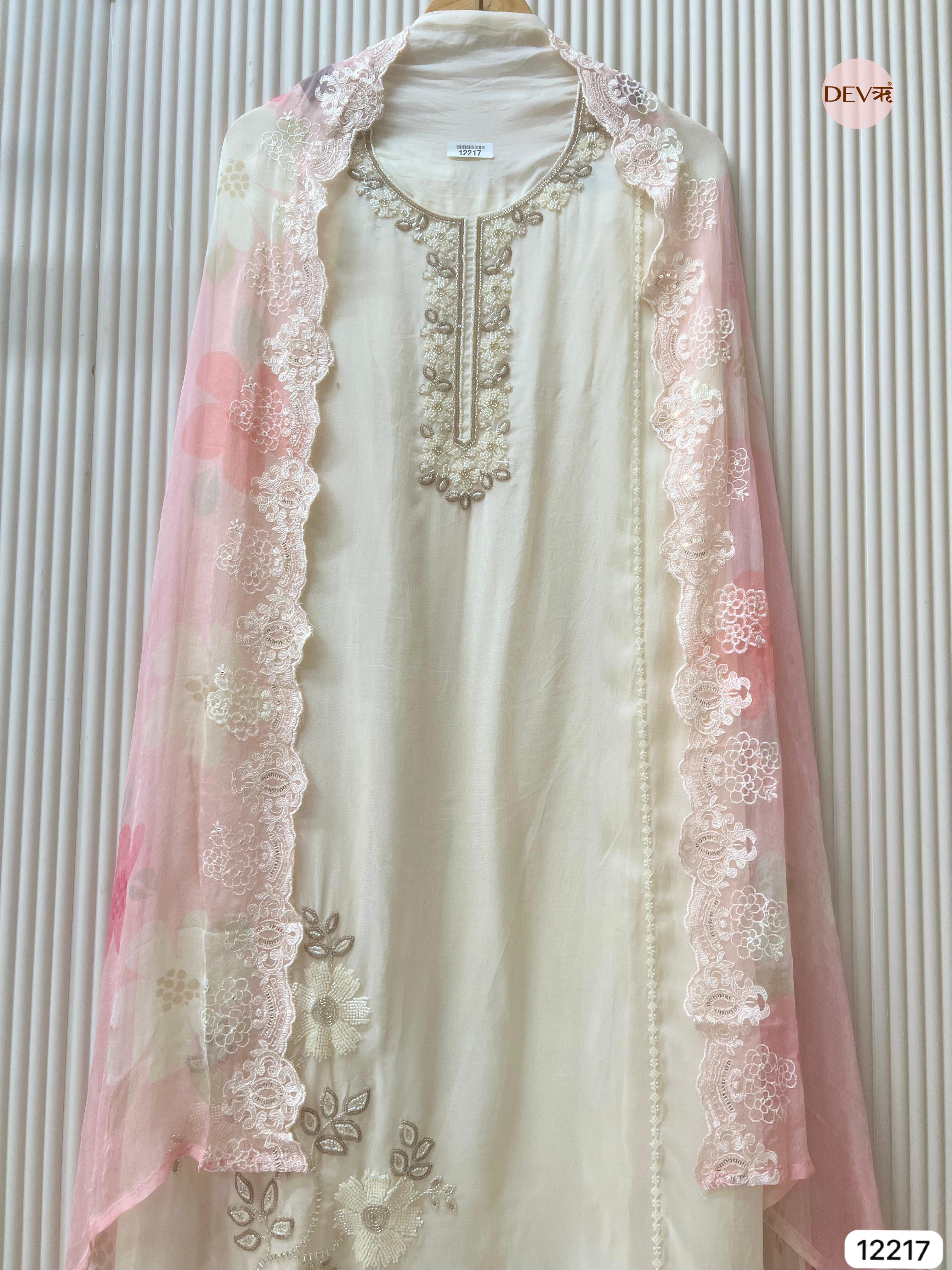 Ivory Pure Organza Embroidered Unstitched 3-Piece Suit (Devri – D.No 12217)