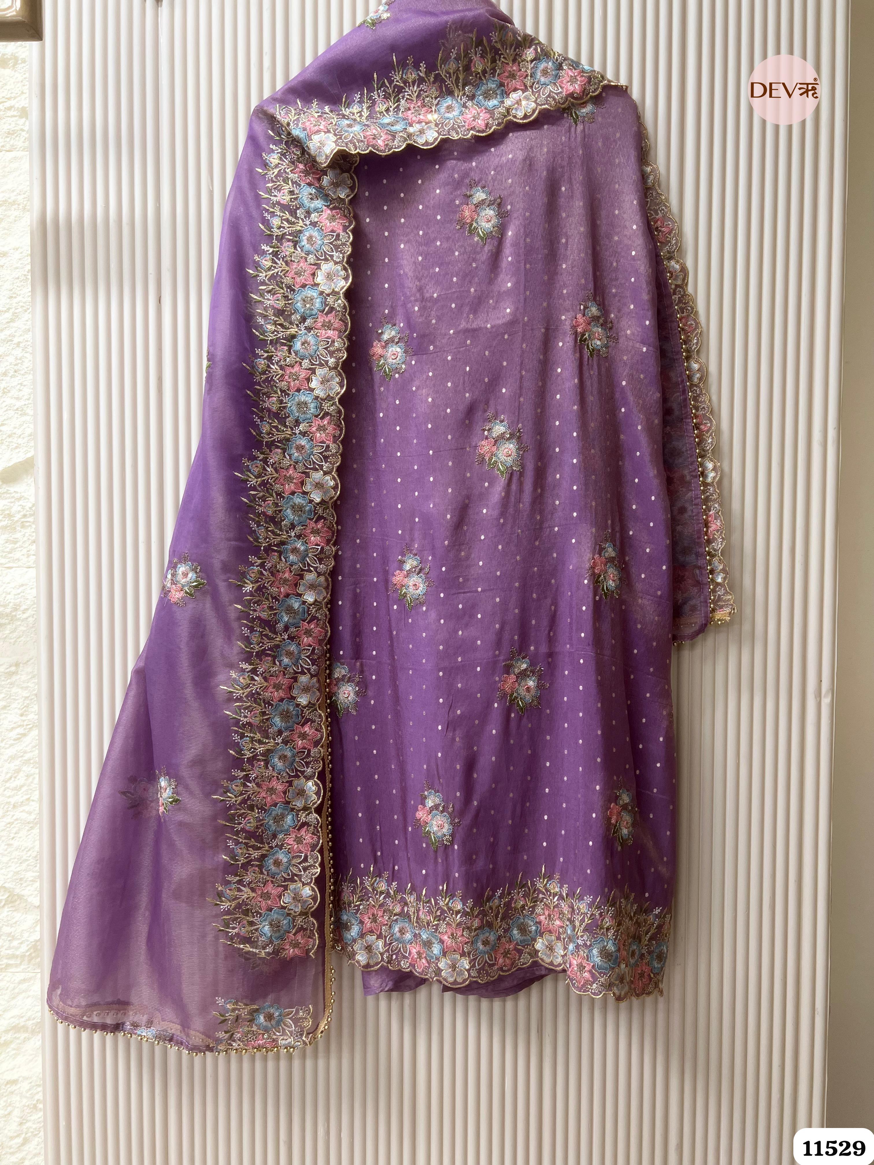 Purple Tissue Silk Unstitched Embroidered -Set Of 3 {11529}