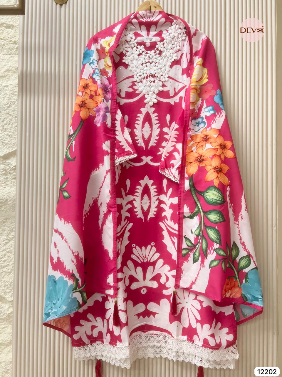 Pink Muslin Printed Unstitched 3-Piece Suit (Devri – D.No 12202)