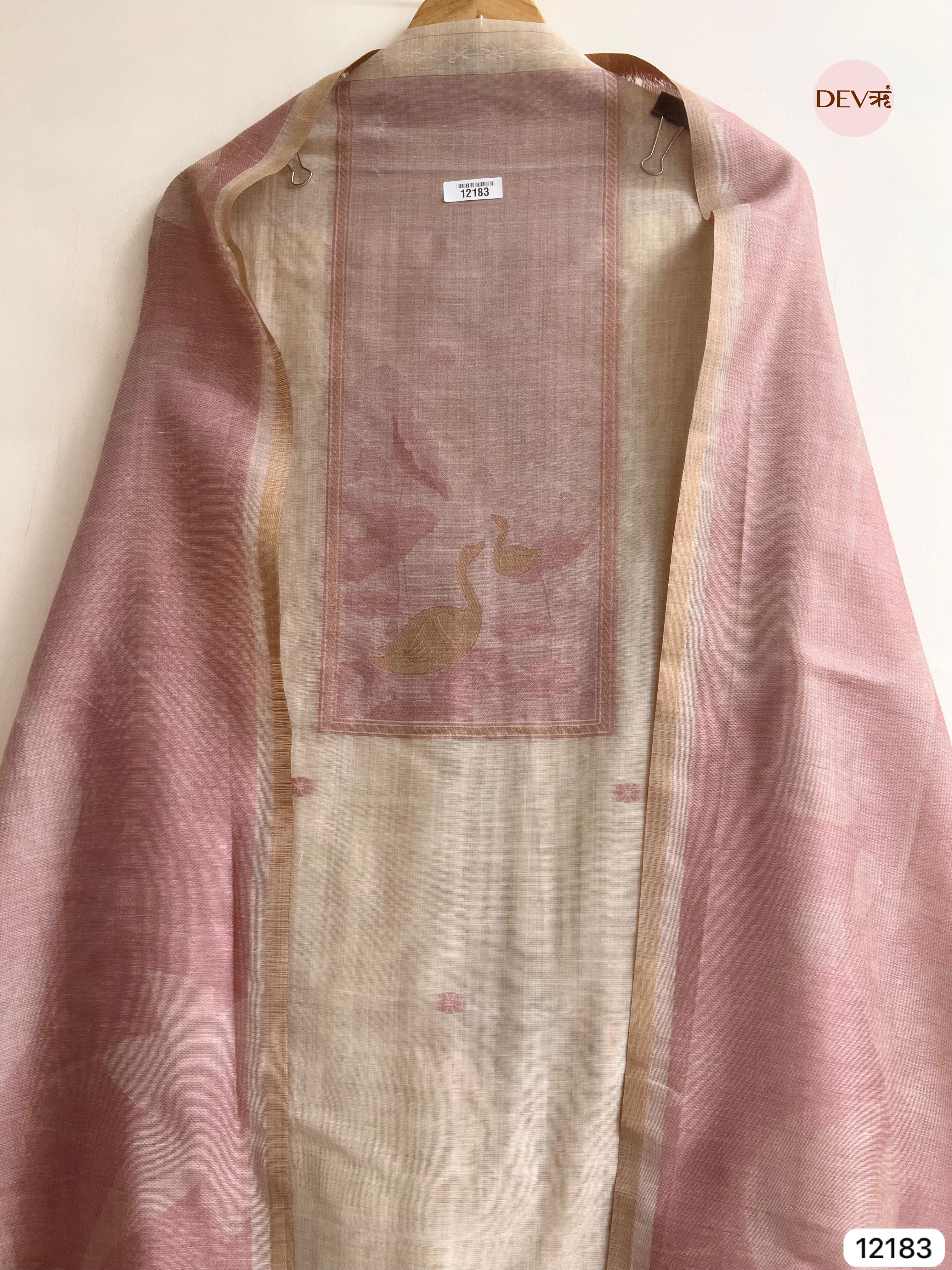 Off White Pure Jamdhani Silk Unstitched Banarasi Woven -Set Of 3 - {12183}