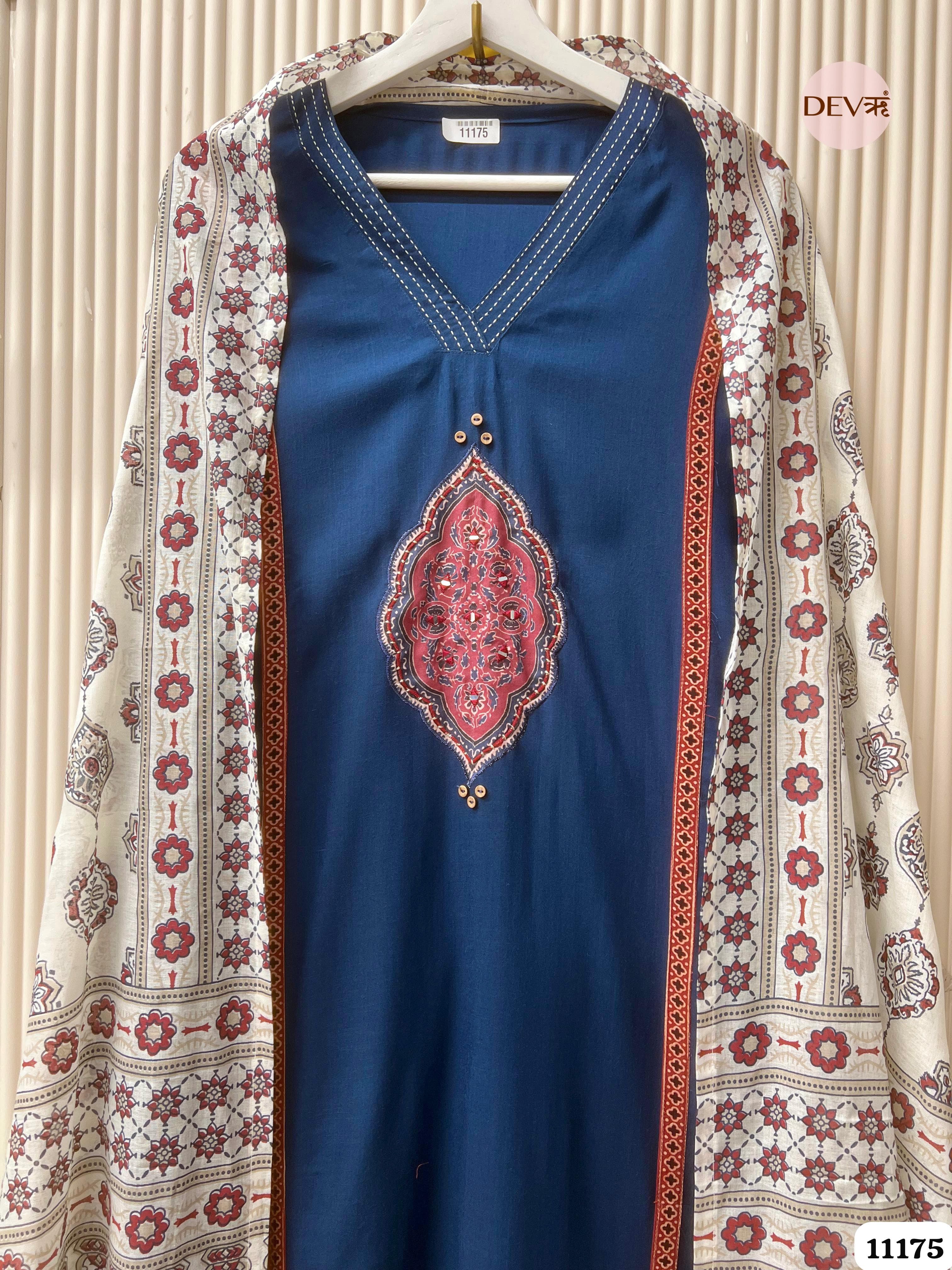 Blue Slub Cotton Unstitched Hand Embroidered -Set Of 3 {11175}