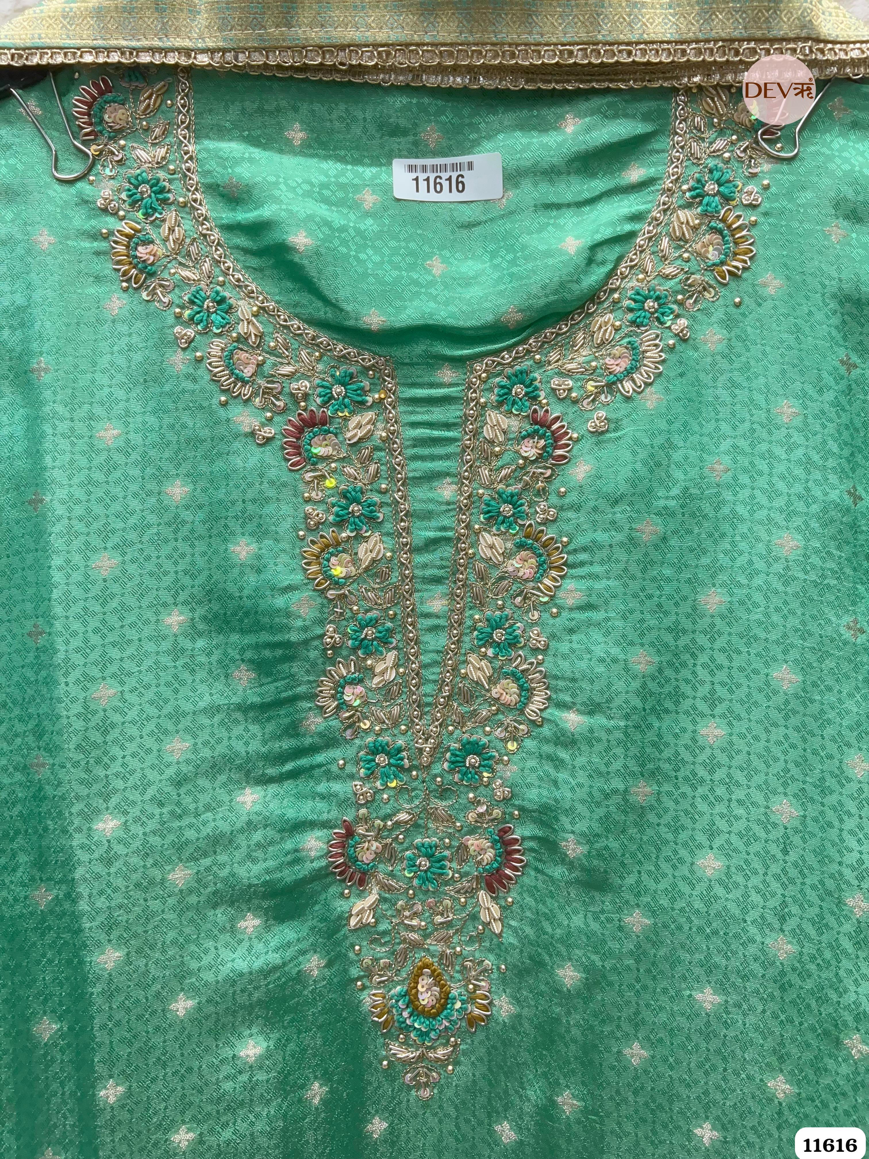 Green Pure Tissue Banarasi Silk Unstitched Hand Embroidered -Set Of 3 {11616}