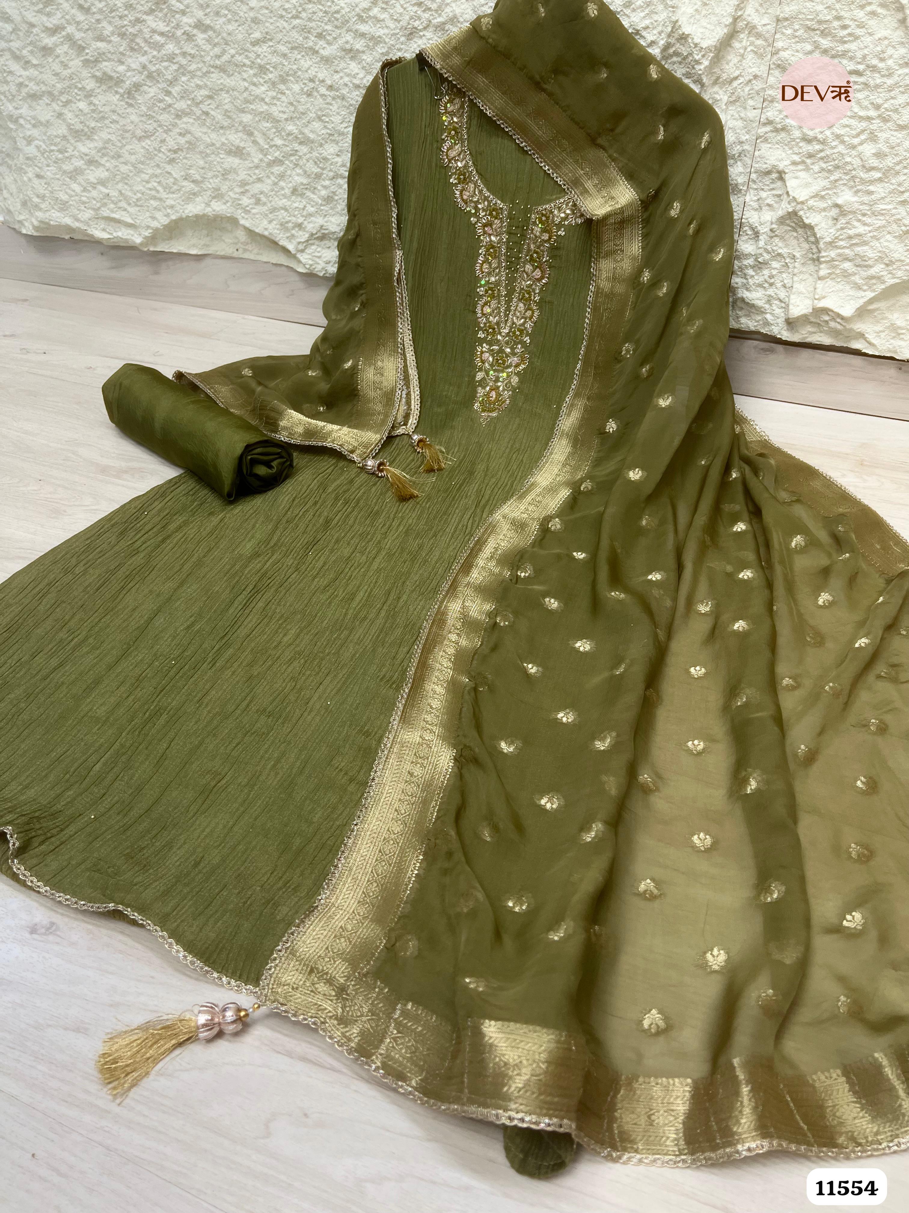 Olive Green Pure Tissue Crush Silk Unstitched Hand Embroidered -Set Of 3 {11554}
