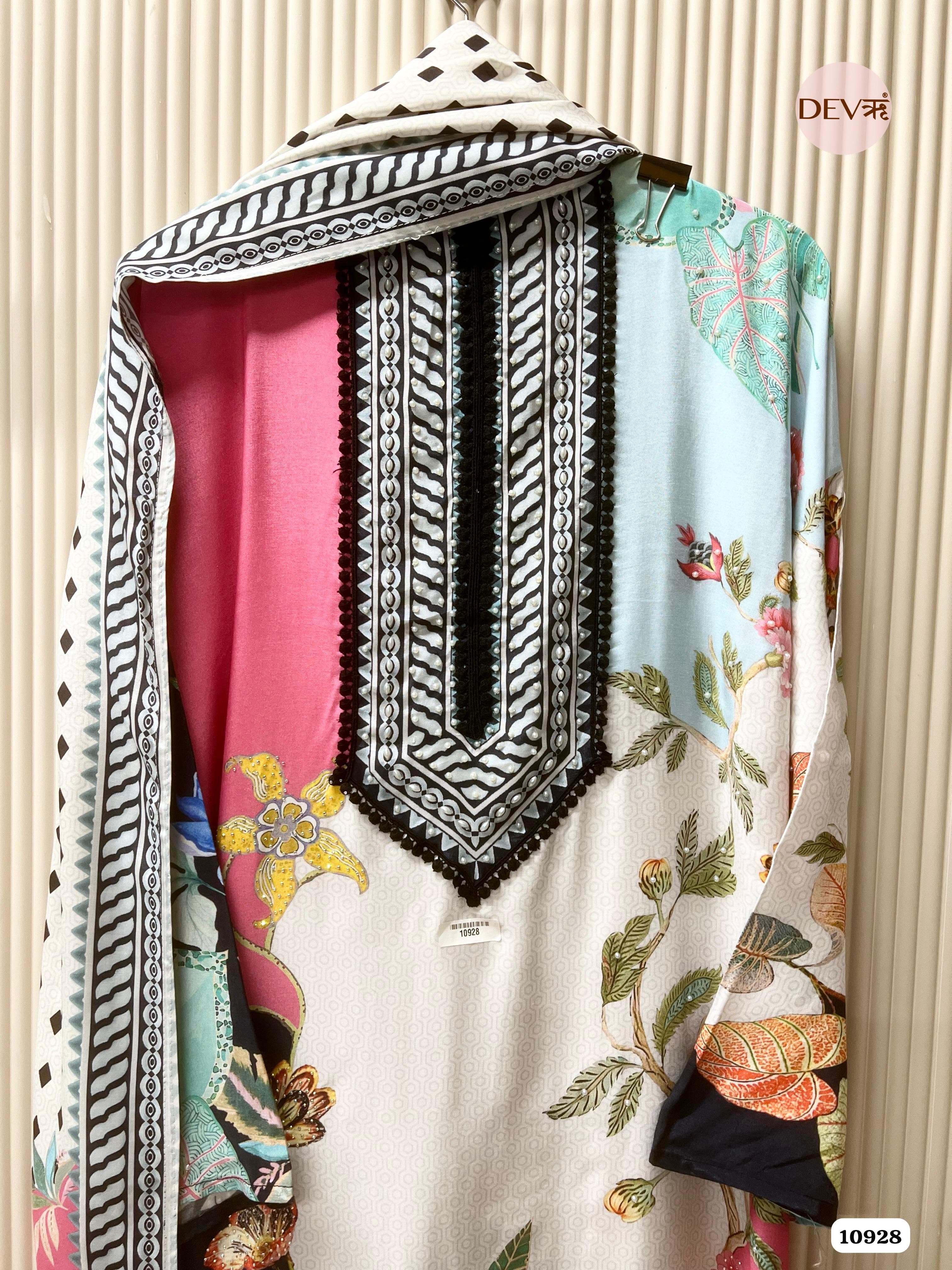 White Muslin Printed Semi Stitched Hand Embroidered -Set Of 3