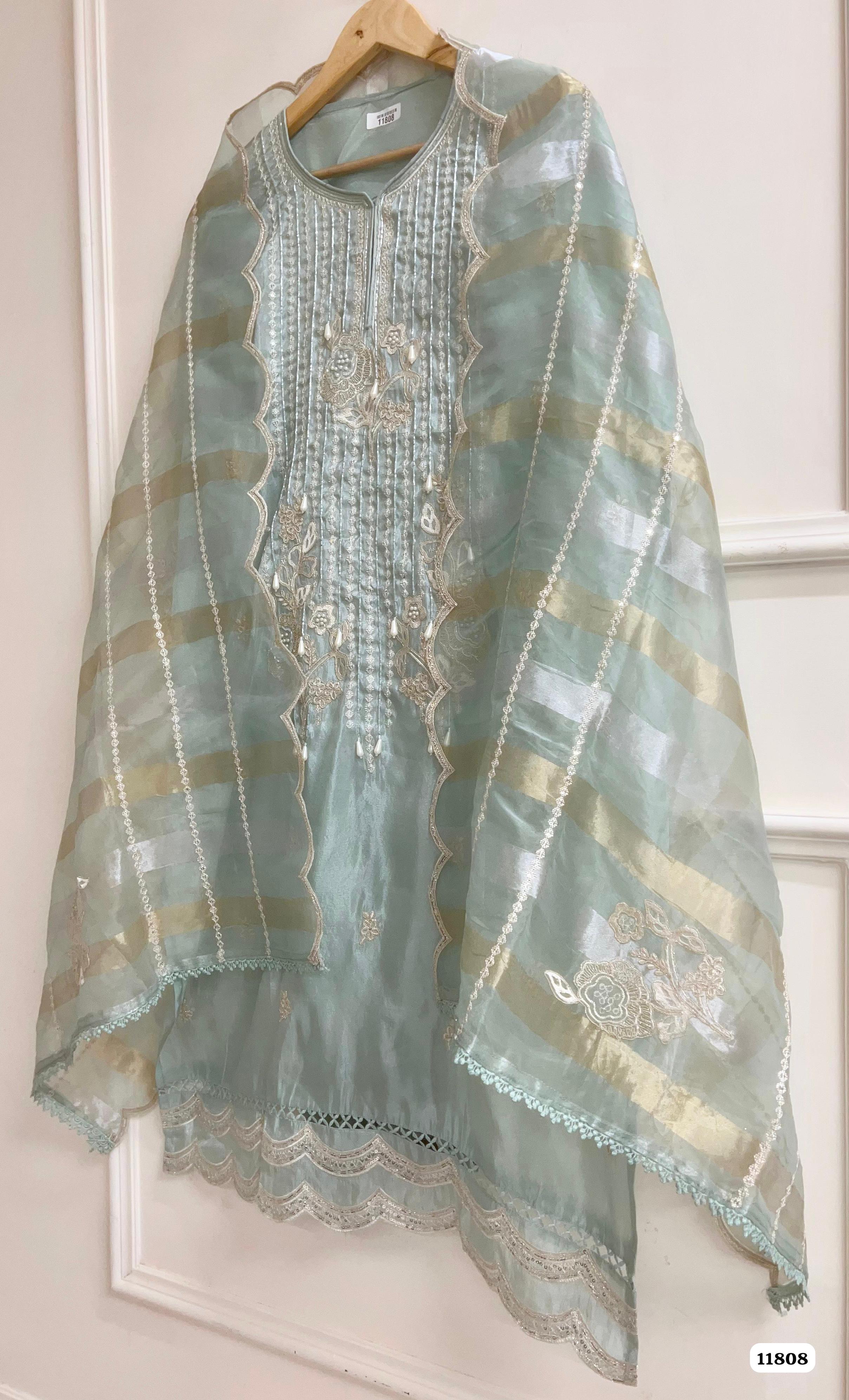 Ferozeah Tissue  Silk Unstitched Hand Embroidered -Set Of 3 {11808}