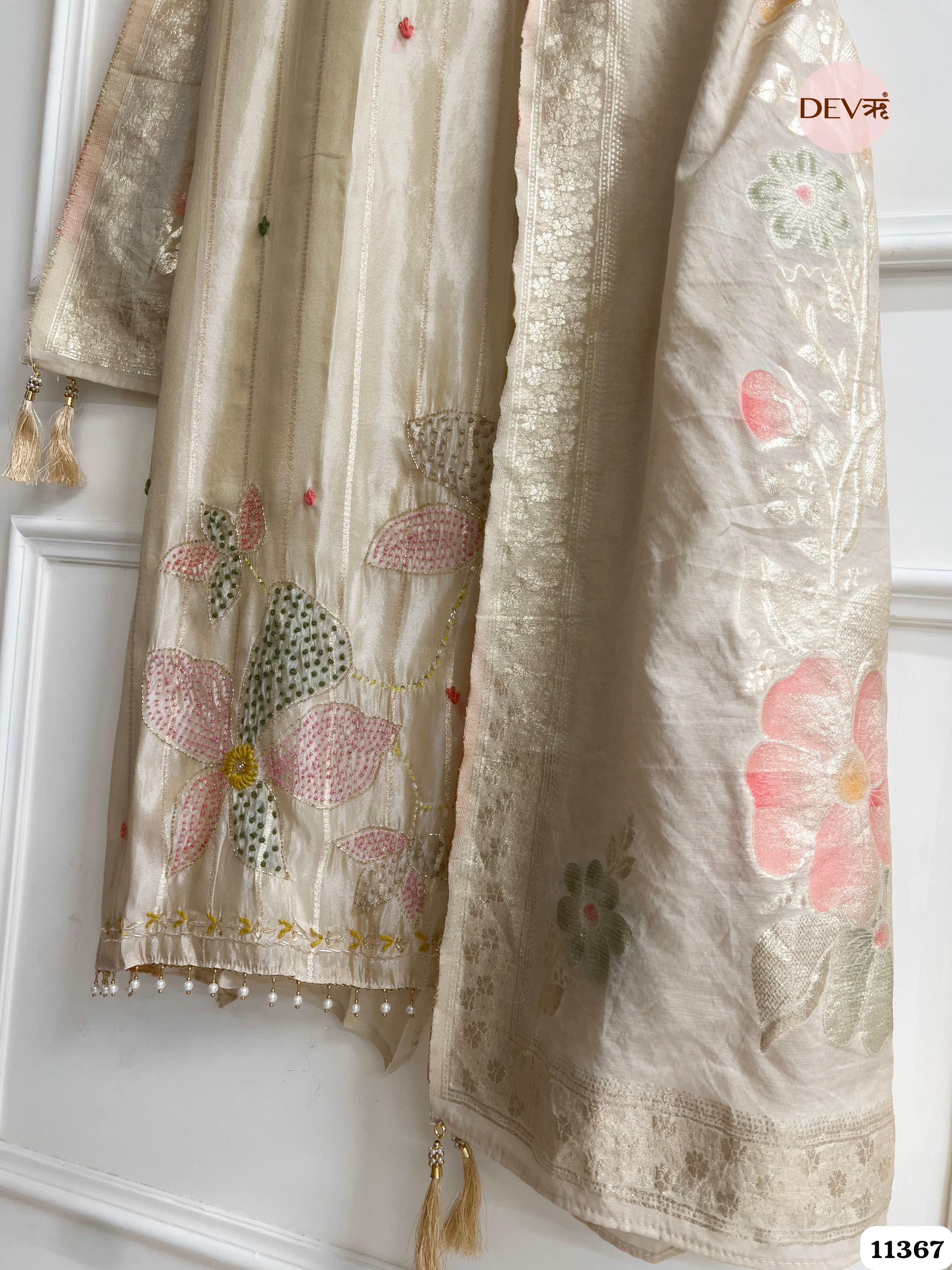 Off-White Or Cream Color Tissue Silk Unstitched Woven Hand Embroidered -Set Of 3 {11367}