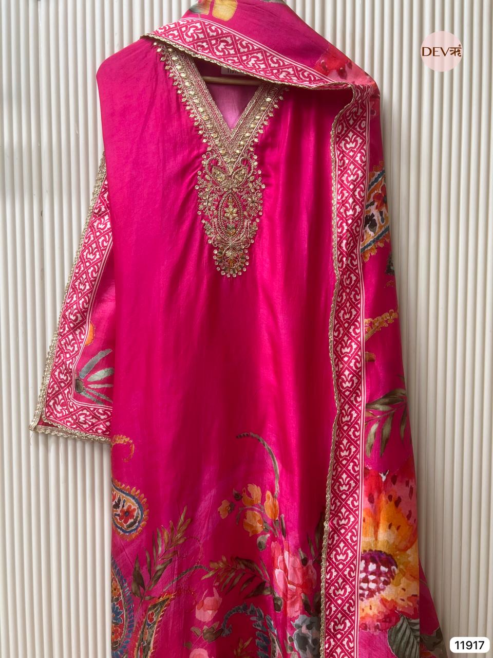Pink Pure Russian Silk Unstitched Printed Hand Embroidered -Set Of 3 - {11917}