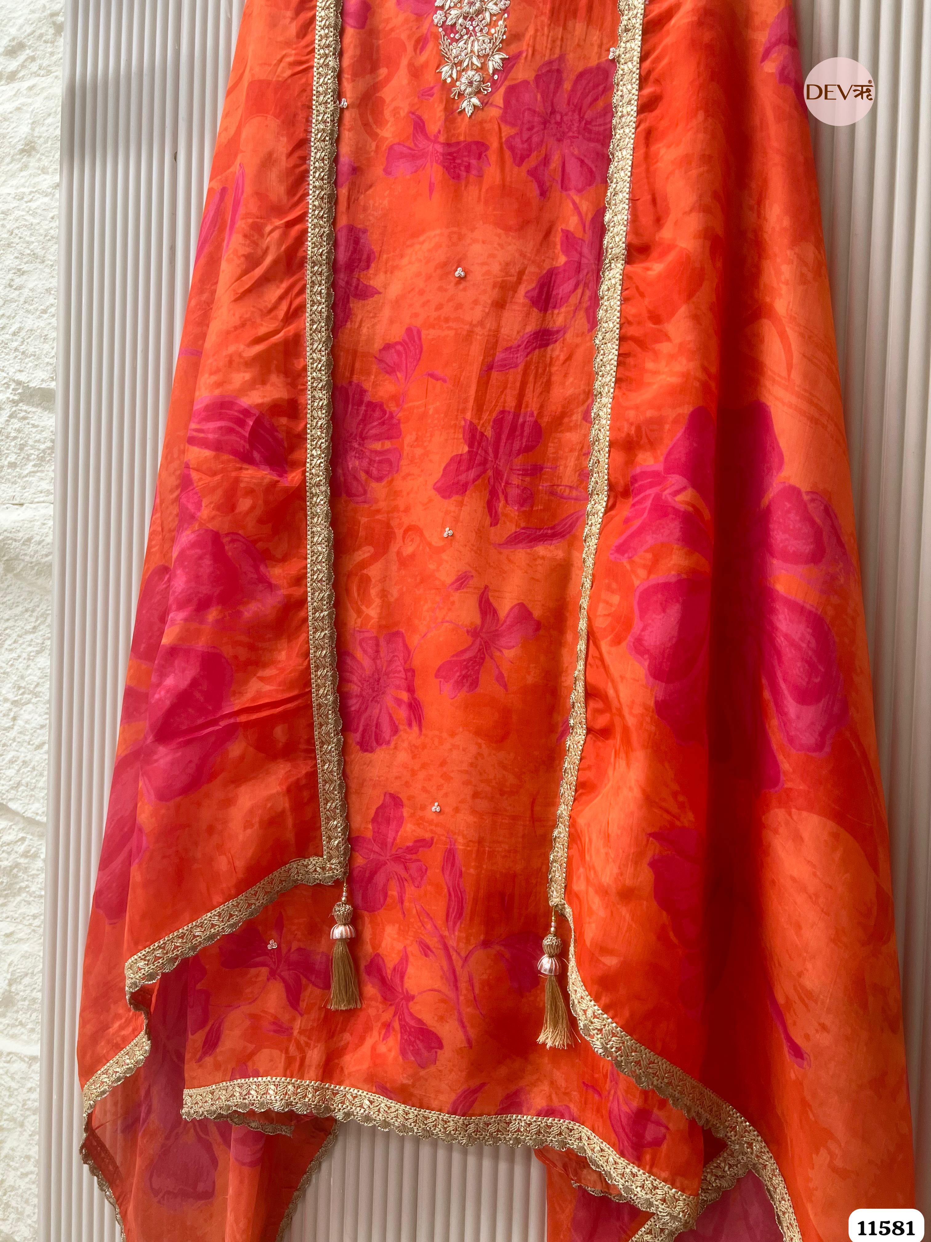 Orange Pure Organza Silk Printed Unstitched Hand Embroidered -Set Of 3 {11581}