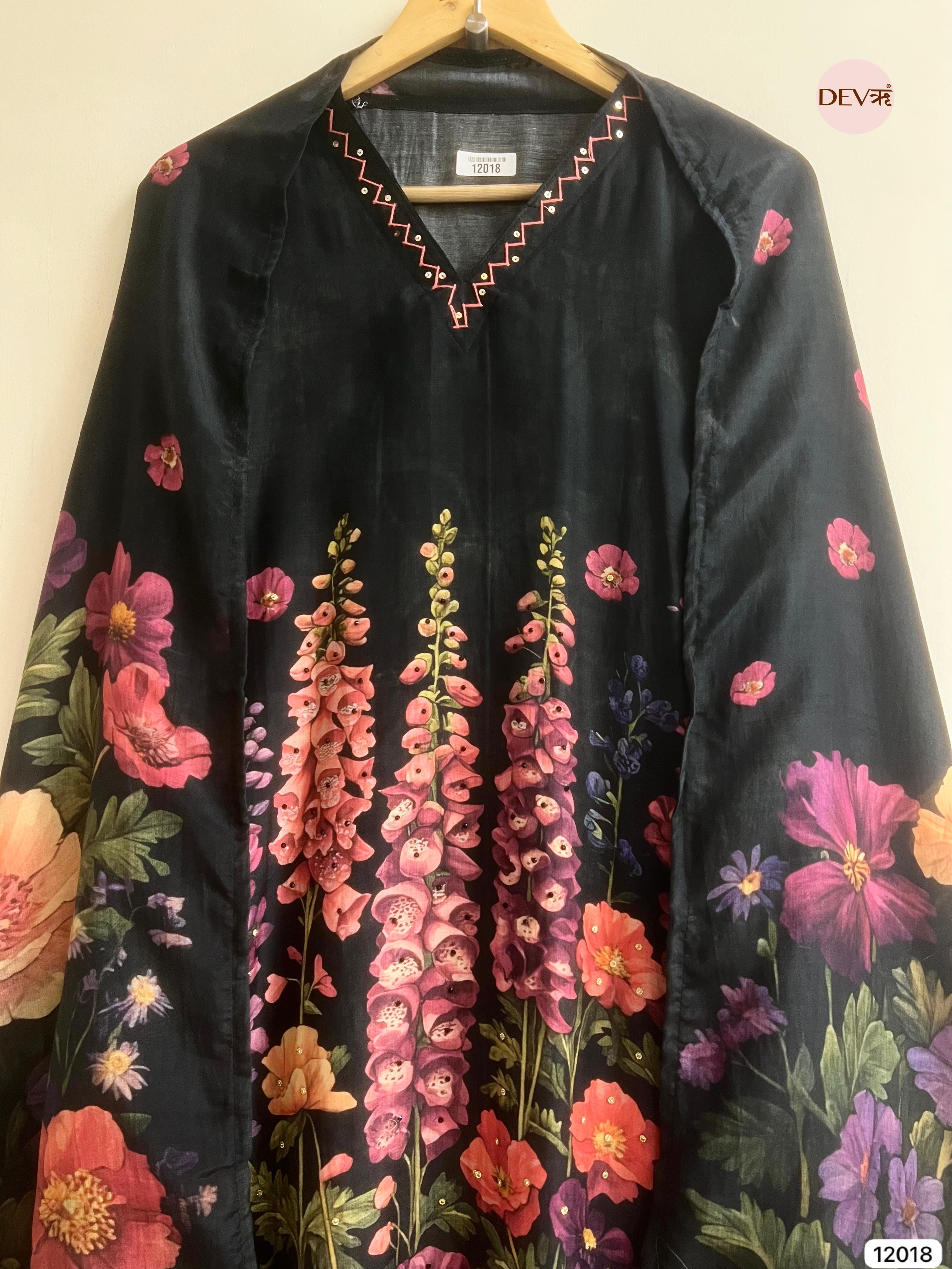 Black Muslin Semi Stitched Printed Hand Embroidered -Set Of 3 - {12018}