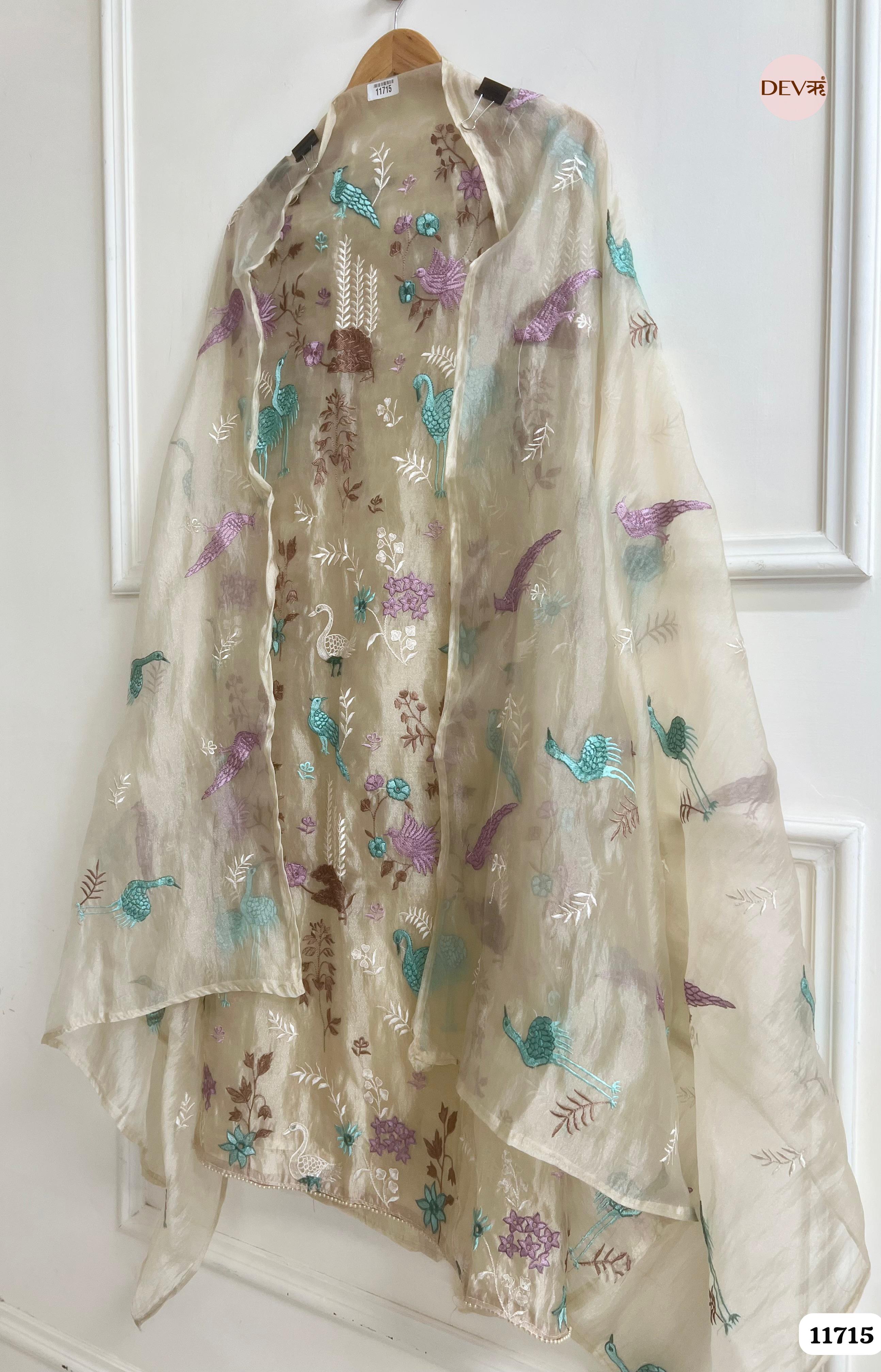 Beige Tissue Organza Silk Unstitched Embroidered -Set Of 3- {11715}